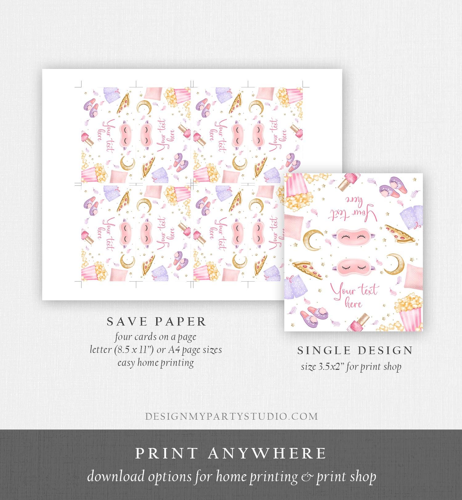 Editable Sleepover Food Labels Slumber Party Place Card Tent Card Insert Card Sleep Over Pizza Pajamas Girl Digital Template Printable 0447