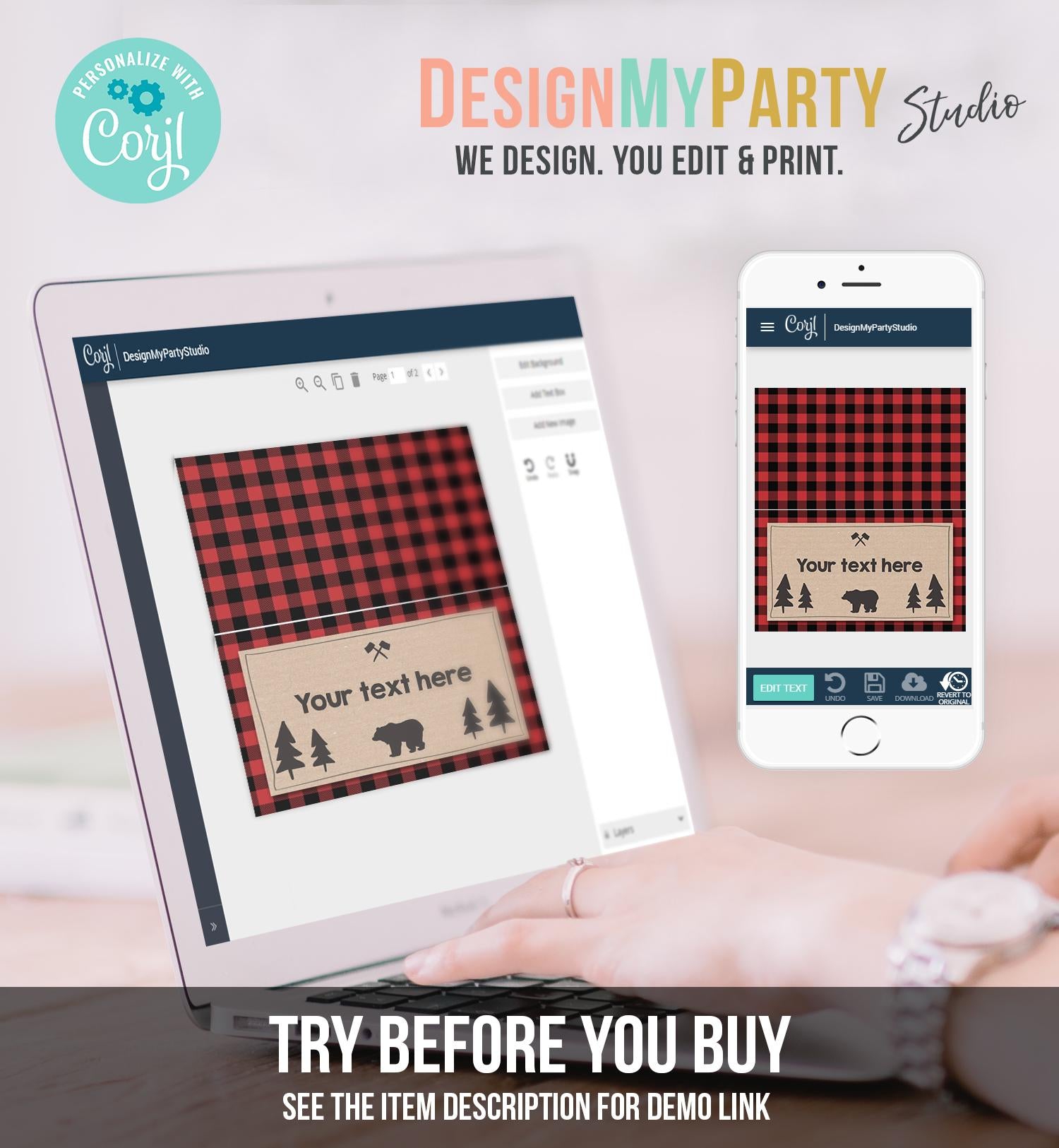 Editable Food Labels Lumberjack Birthday Wild One Buffalo Plaid Place Card Tent Card Bear Woodland Rustic Template Printable 0026