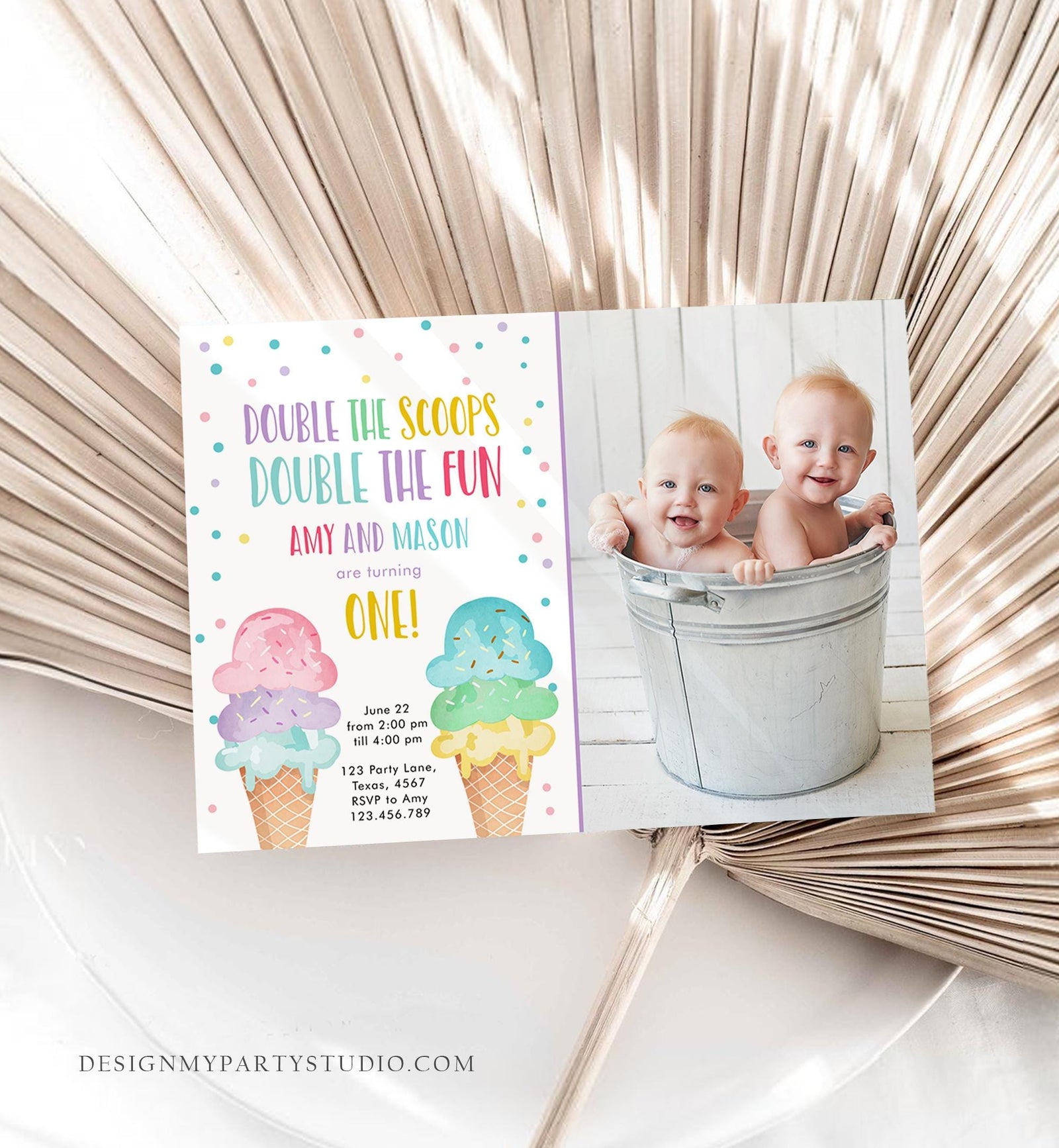 Editable Twin Ice Cream Birthday Invitation First Birthday Double the Scoops Double Fun Twins Purple Joint Digital Template Printable 0243