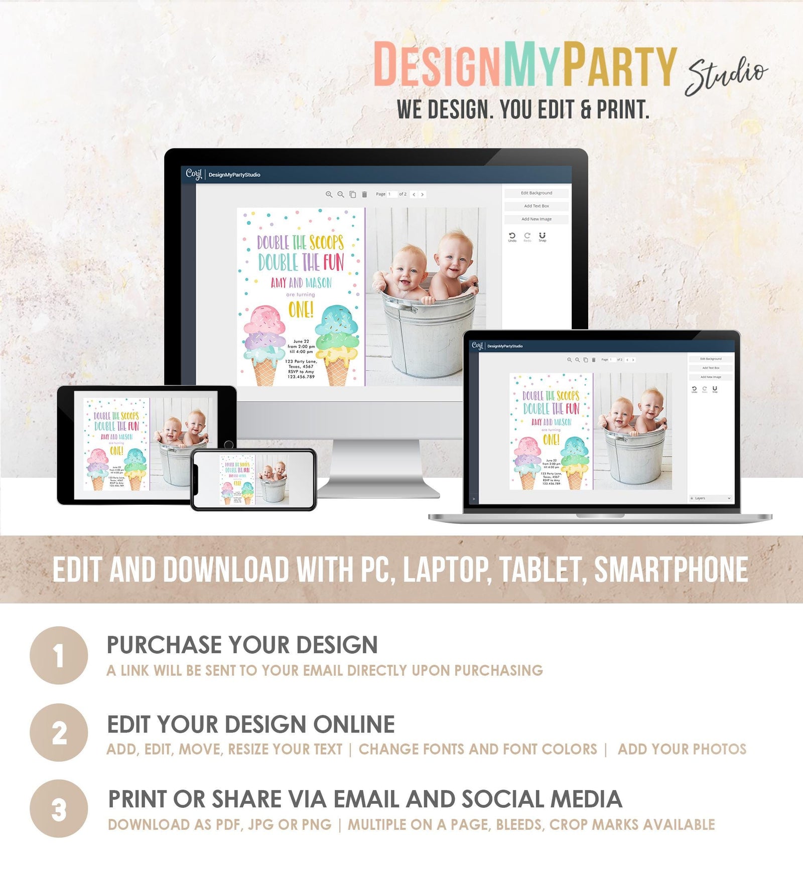 Editable Twin Ice Cream Birthday Invitation First Birthday Double the Scoops Double Fun Twins Purple Joint Digital Template Printable 0243