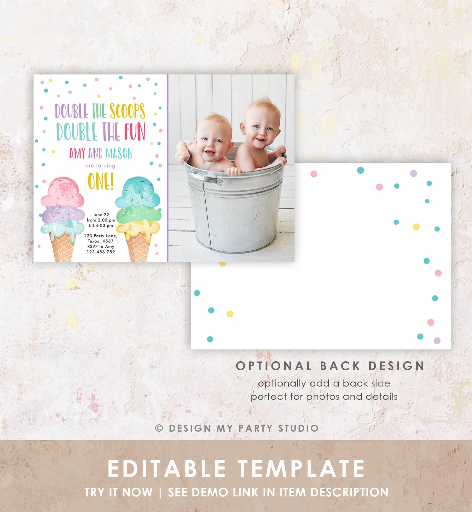 Editable Twin Ice Cream Birthday Invitation First Birthday Double the Scoops Double Fun Twins Purple Joint Digital Template Printable 0243