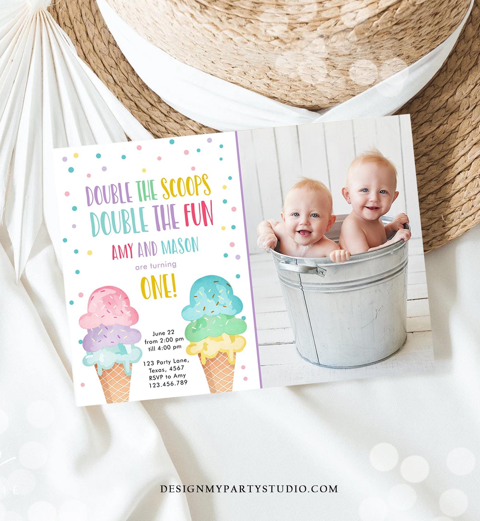 Editable Twin Ice Cream Birthday Invitation First Birthday Double the Scoops Double Fun Twins Purple Joint Digital Template Printable 0243