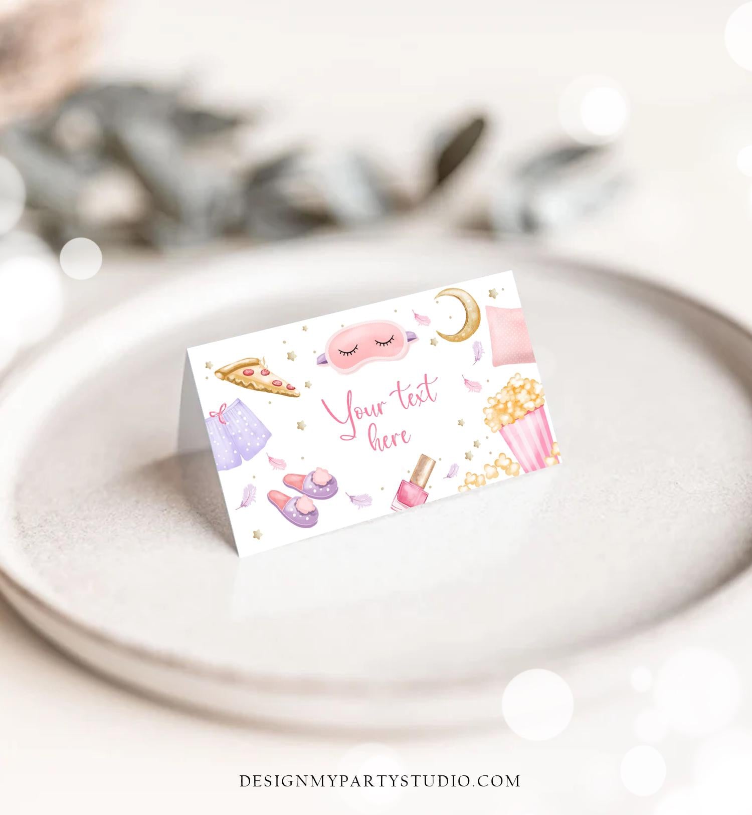Editable Sleepover Food Label Slumber Party Place Tent Card Sleep Over Pizza Pajamas Digital Download Template Printable 0447