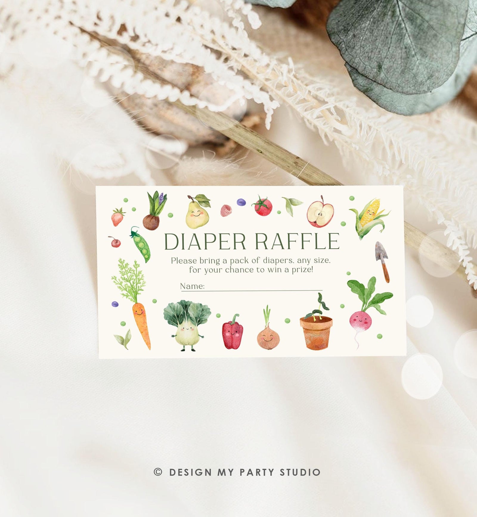 Editable Little Sprout Diaper Raffle Ticket Locally Grown Baby ShowerFarmers Market Vegetables Fruits Digital Template Printable 0544