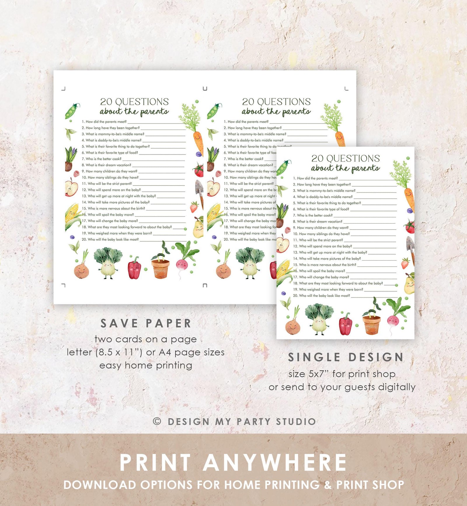 Editable Questions About the Parents Locally Grown Baby Shower Game Little Sprout Farmers Market Vegetables Digital Template Printable 0544