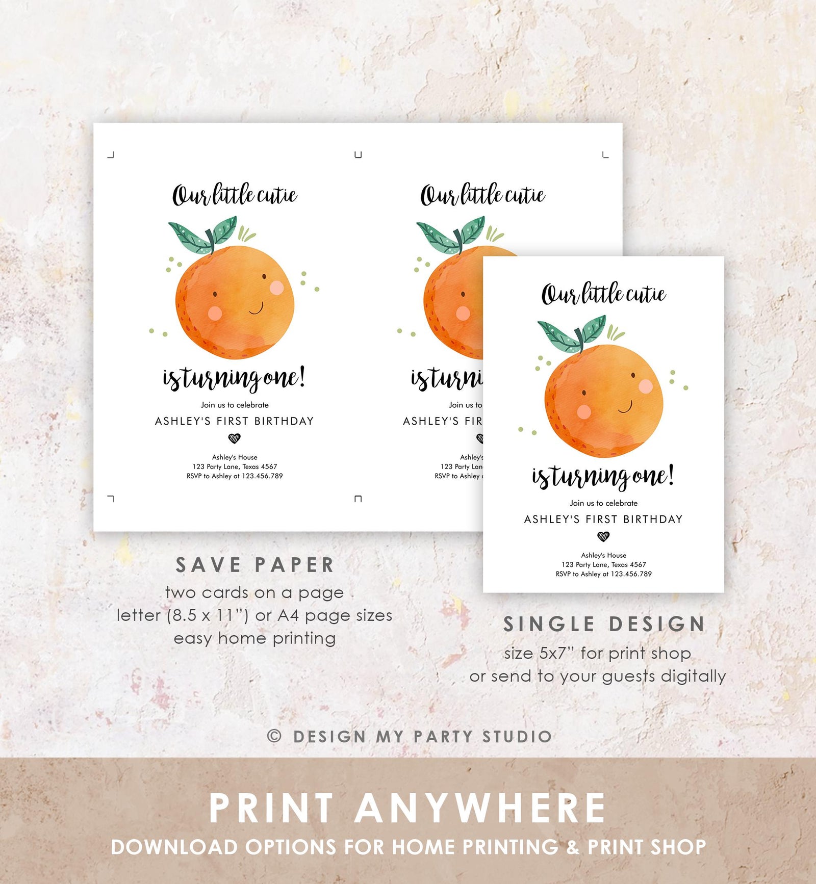 Editable Little Cutie Birthday Invitation Clementine Oranges Party Boy Girl Orange Citrus Digital Download Evite Template Printable 0330