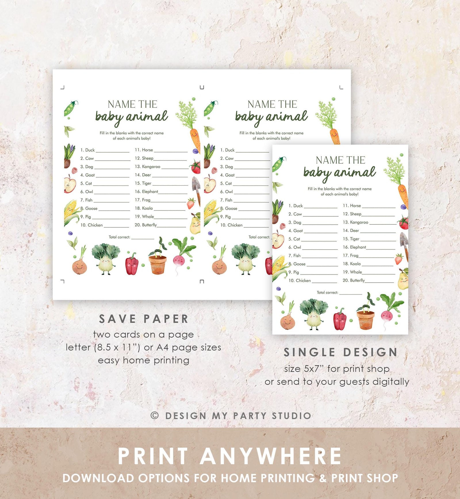 Editable Name The Baby Animal Baby Shower Game Card Little Sprout Baby Animal Names Matching Locally Grown Digital Template Printable 0544