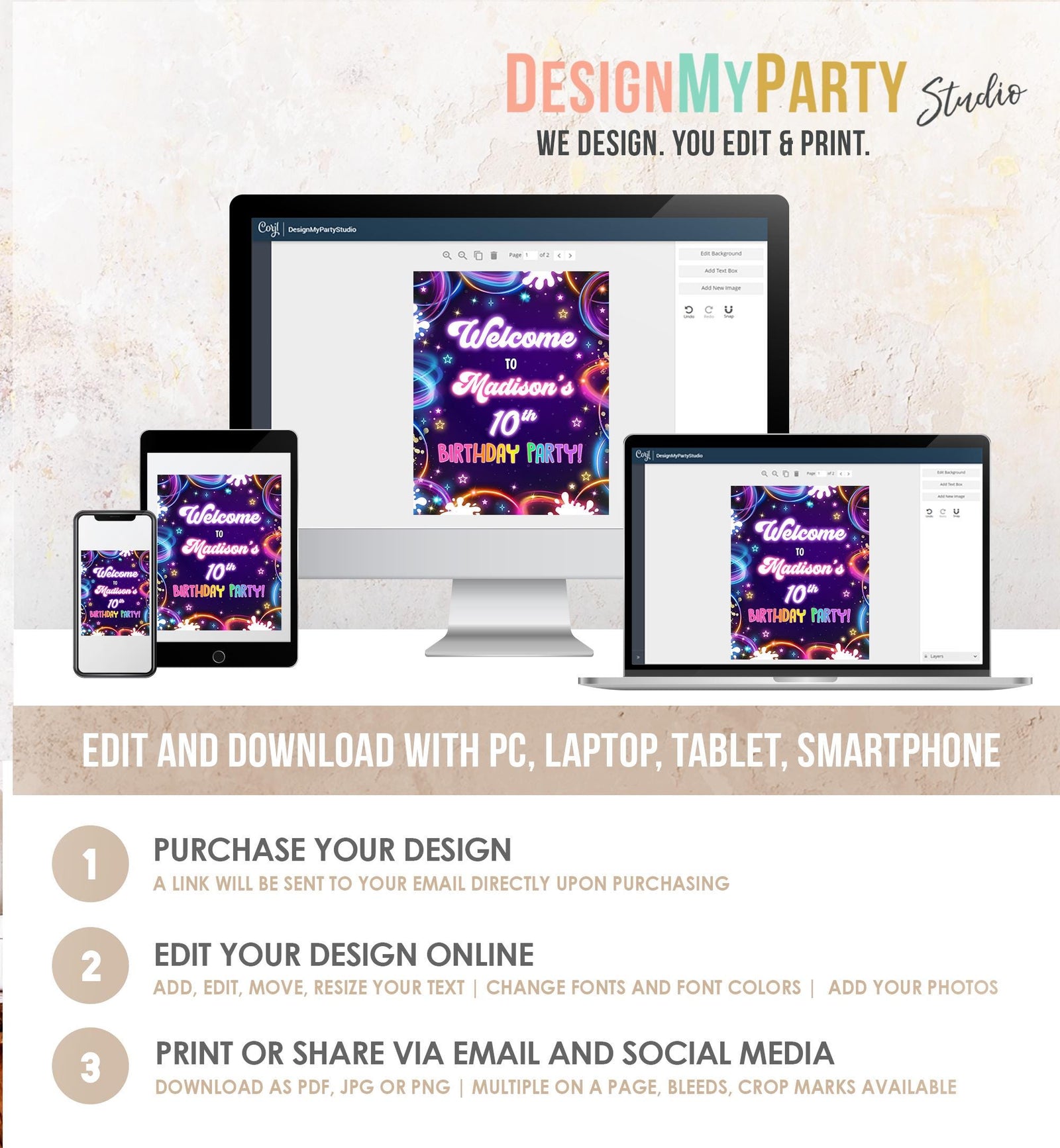 Editable Glow Party Welcome Sign Neon Glow in the Dark Girl Birthday Shower Glow Crazy Floor Decal Digital Download Template Printable 0537