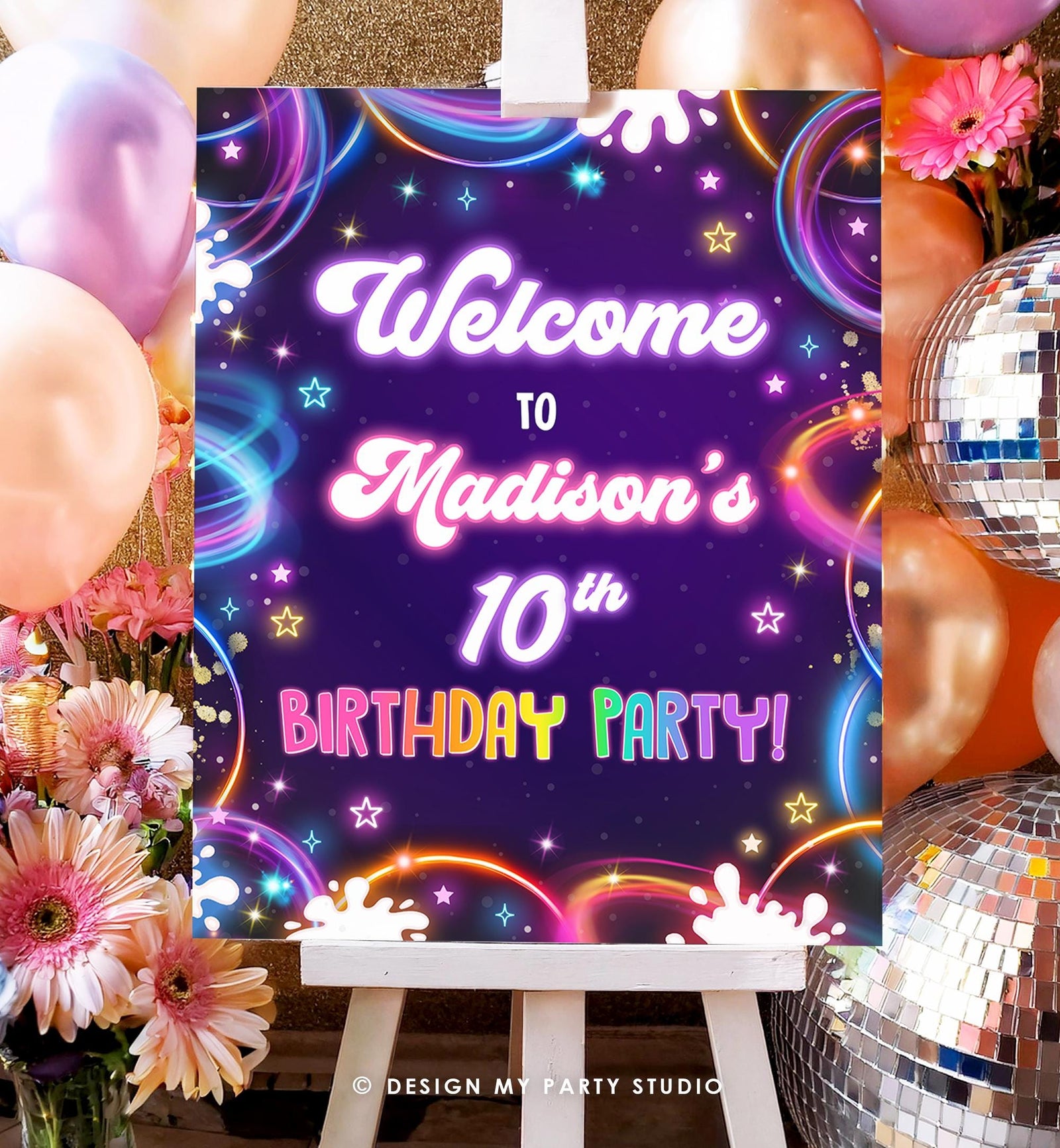 Editable Glow Party Welcome Sign Neon Glow in the Dark Girl Birthday Shower Glow Crazy Floor Decal Digital Download Template Printable 0537