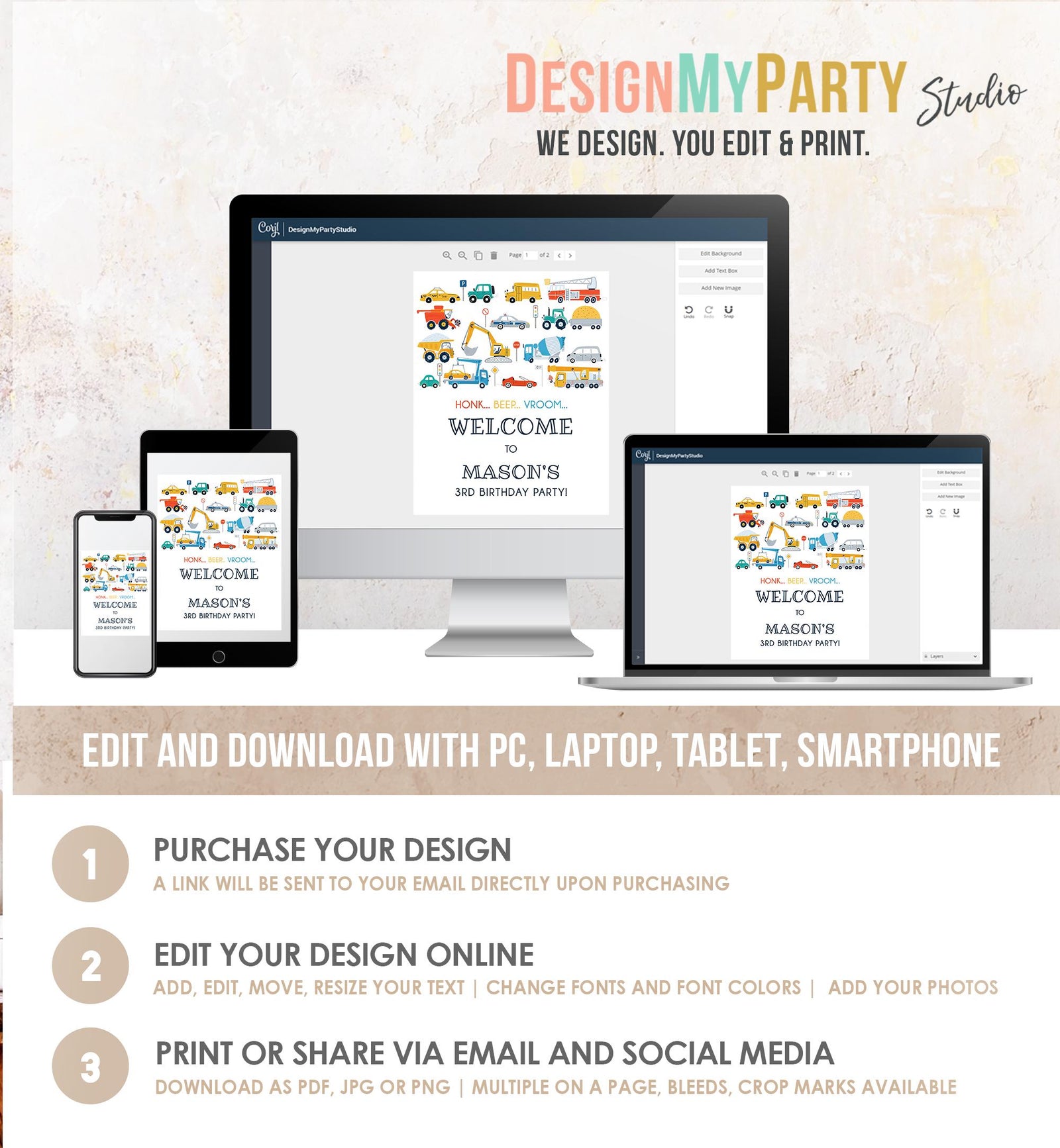 Editable Transportation Birthday Welcome Sign Car Truck Transport Boy Driving Scandinavian Traffic Digital Download Template Printable 0533