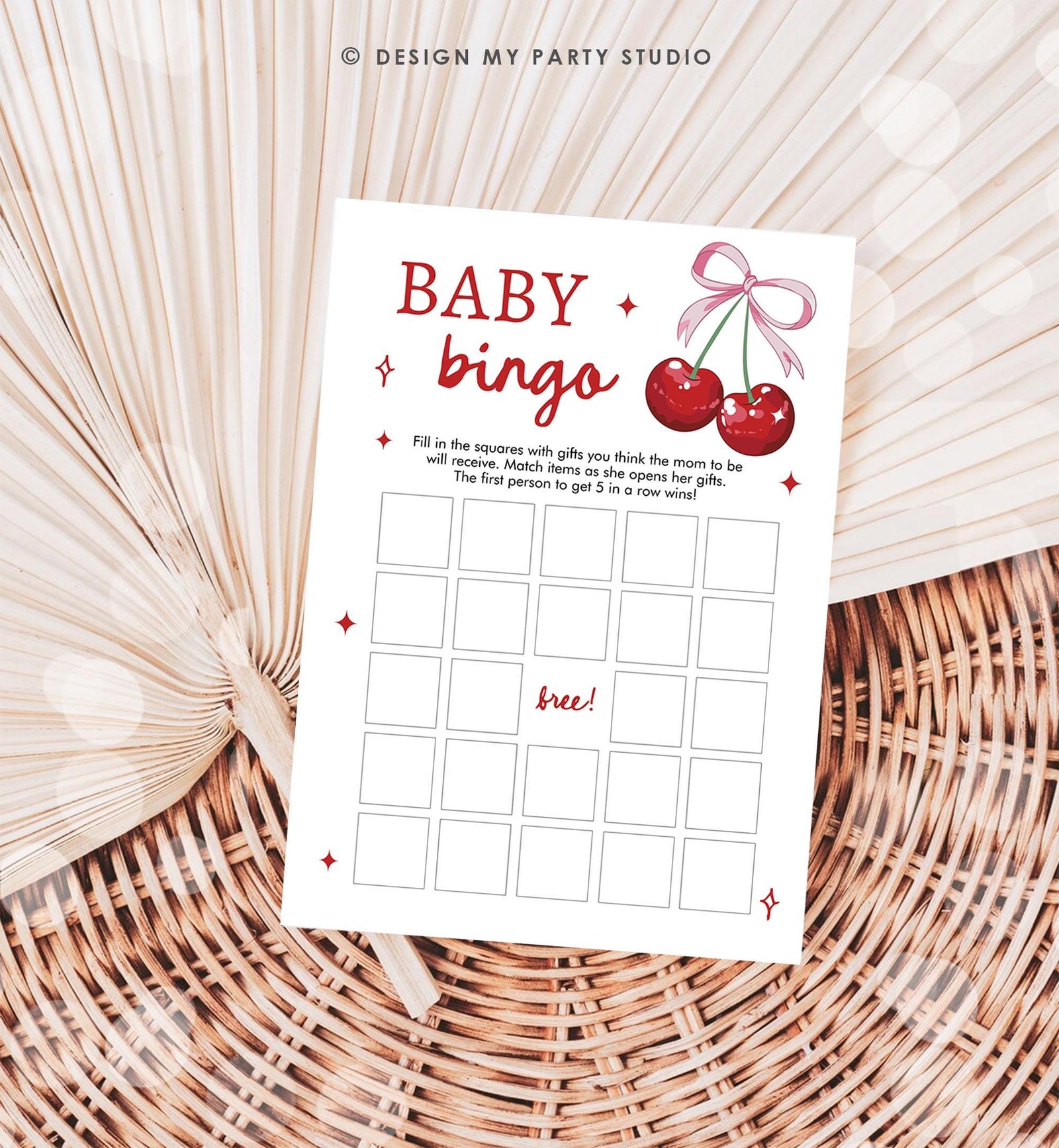 Editable Baby Bingo Baby Shower Game Card Cherry Baby Shower Pink Bow Coquette Cherry On Top Games Digital Download Template Printable 0539