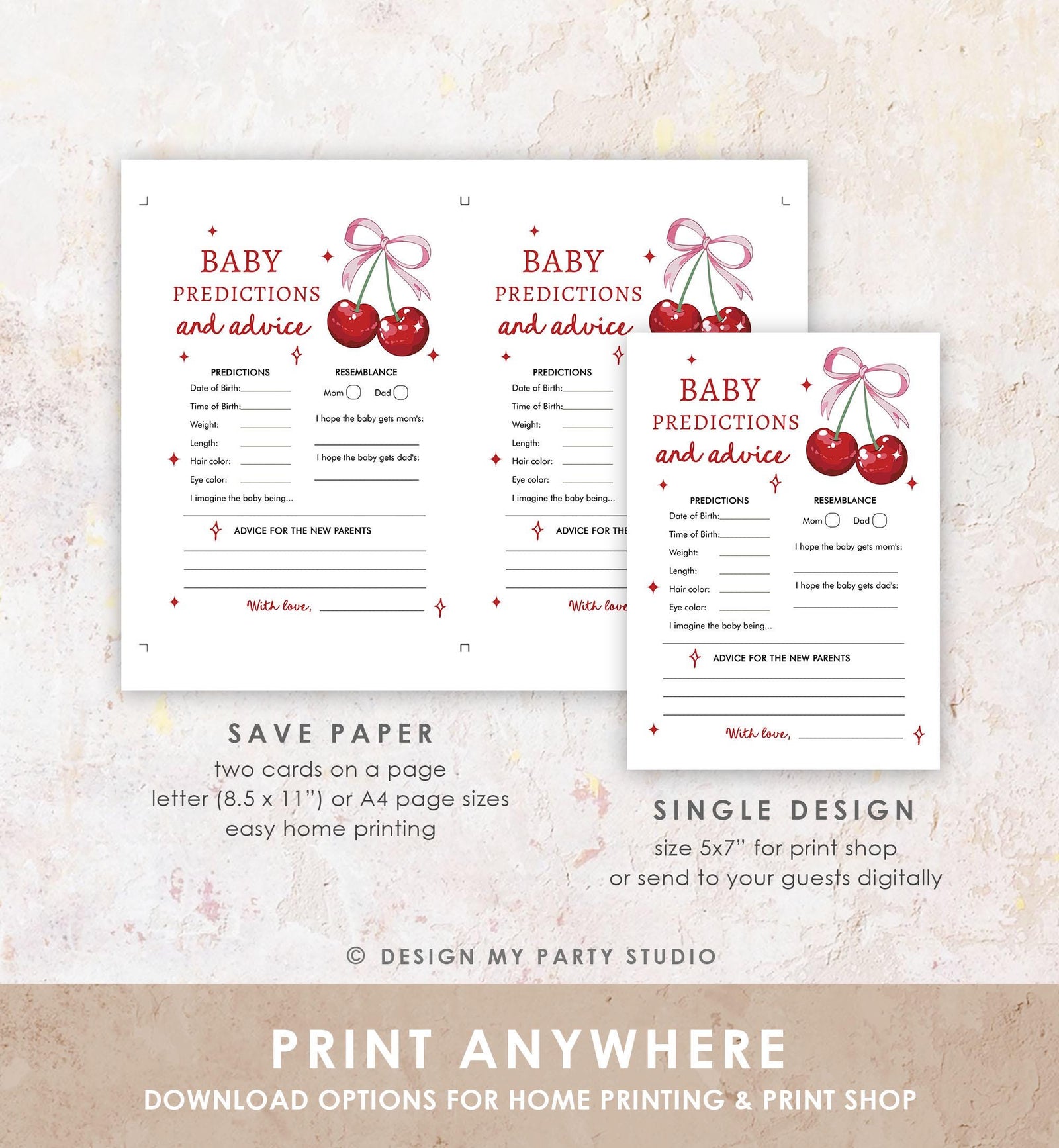 Editable Baby Predictions and Advice Card Baby Shower Game Cherry Baby Shower Bow Coquette Cherry On Top Digital Template Printable 0539
