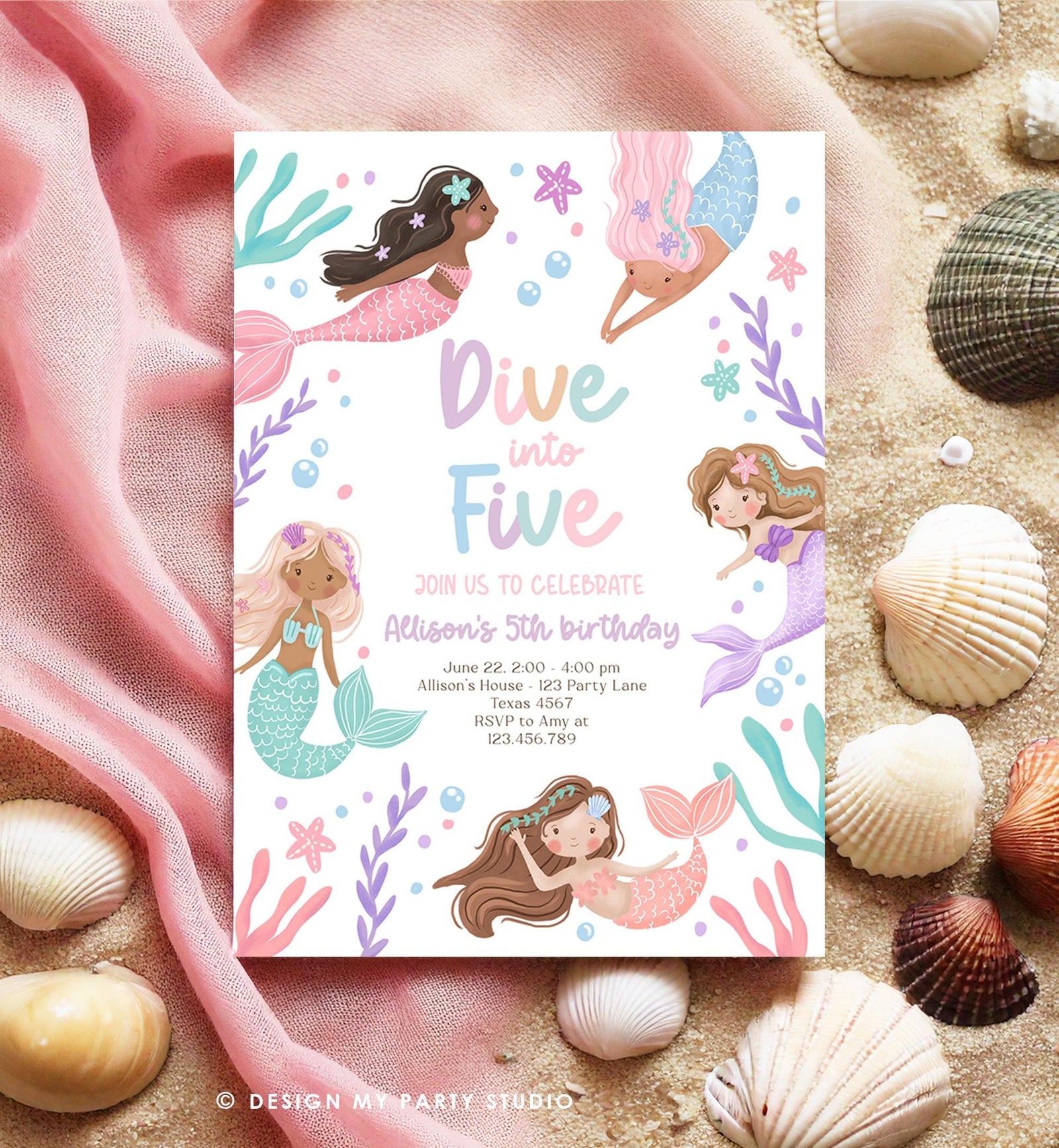 Editable Dive Into Five Mermaid Birthday Invitation 5th Girl Pink Purple Mermaid Bash Sea Ocean Pastel Download Printable Template 0546