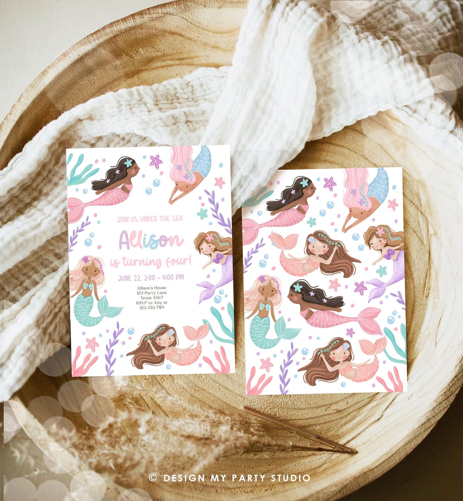 Editable Mermaid Birthday Party Invitation Girl Pink Purple Mermaid Bash Splish Splash Under The Sea Pastel Download Printable Template 0546