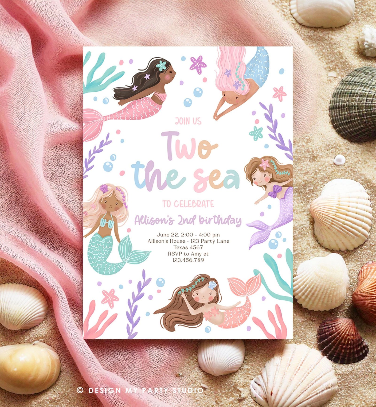 Editable Two The Sea Birthday Invitation Mermaid Birthday Invitation 2nd Splish Splash Under The Sea Ocean Download Printable Template 0546