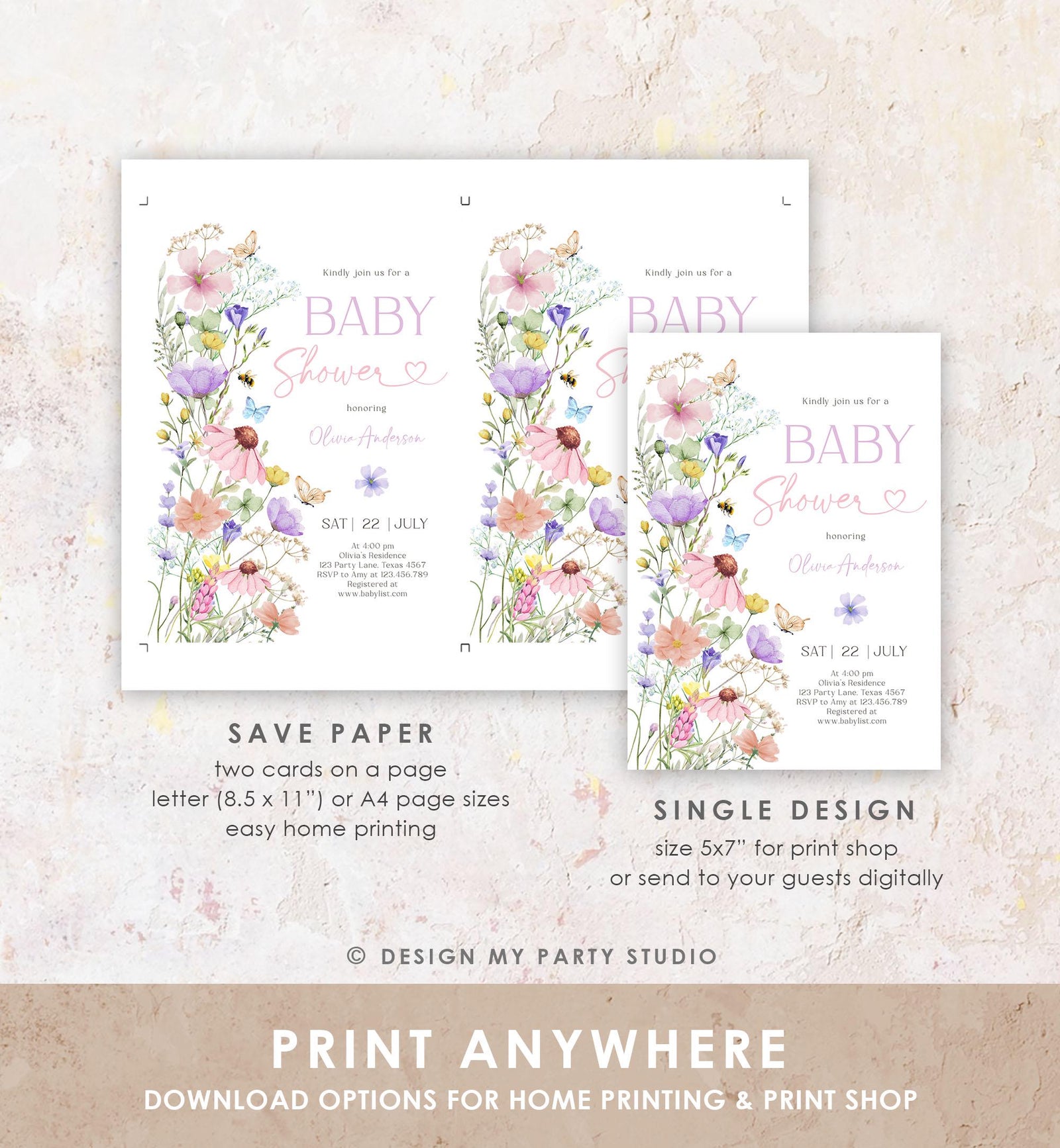 Editable Boho Wildflower Baby Shower Invitation Baby in Bloom Invitation Butterflies Wild Flower Download Template Digital Printable 0543