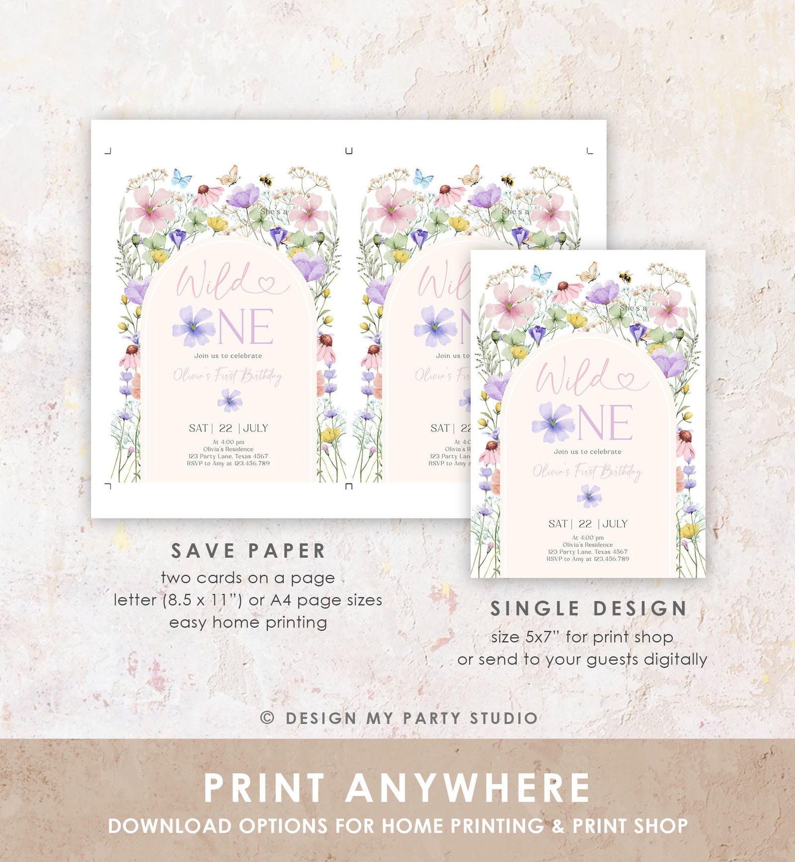 Editable Wildflower Wild One Birthday Invitation Floral 1st Birthday Daisy Butterfly Meadow Girl Digital Download Template Printable 0543