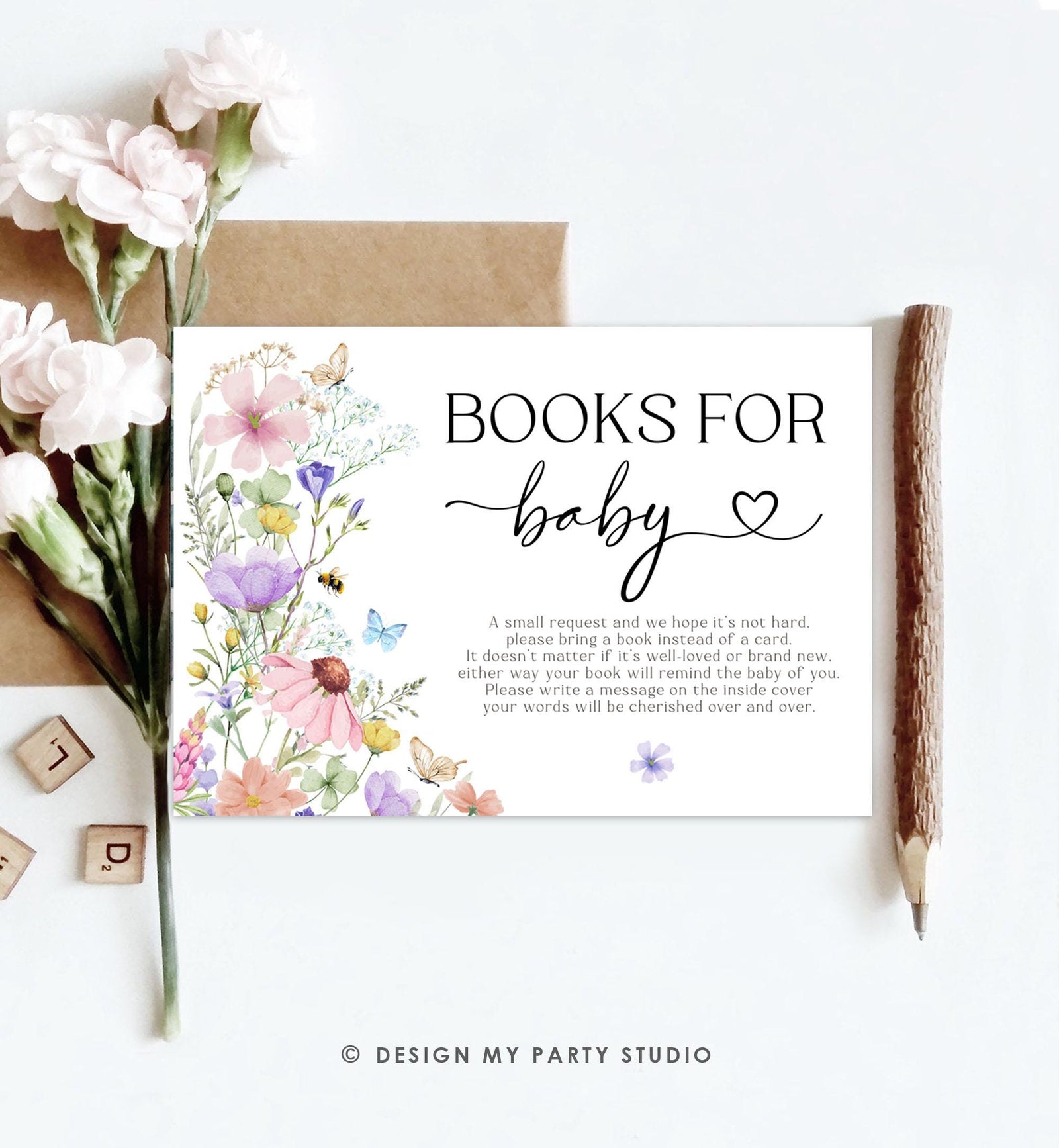 Editable Baby in Bloom Bring a Book Card Bloom Baby Shower Book Insert Books for Baby Wildflowers Spring Digital Template Printable 0543