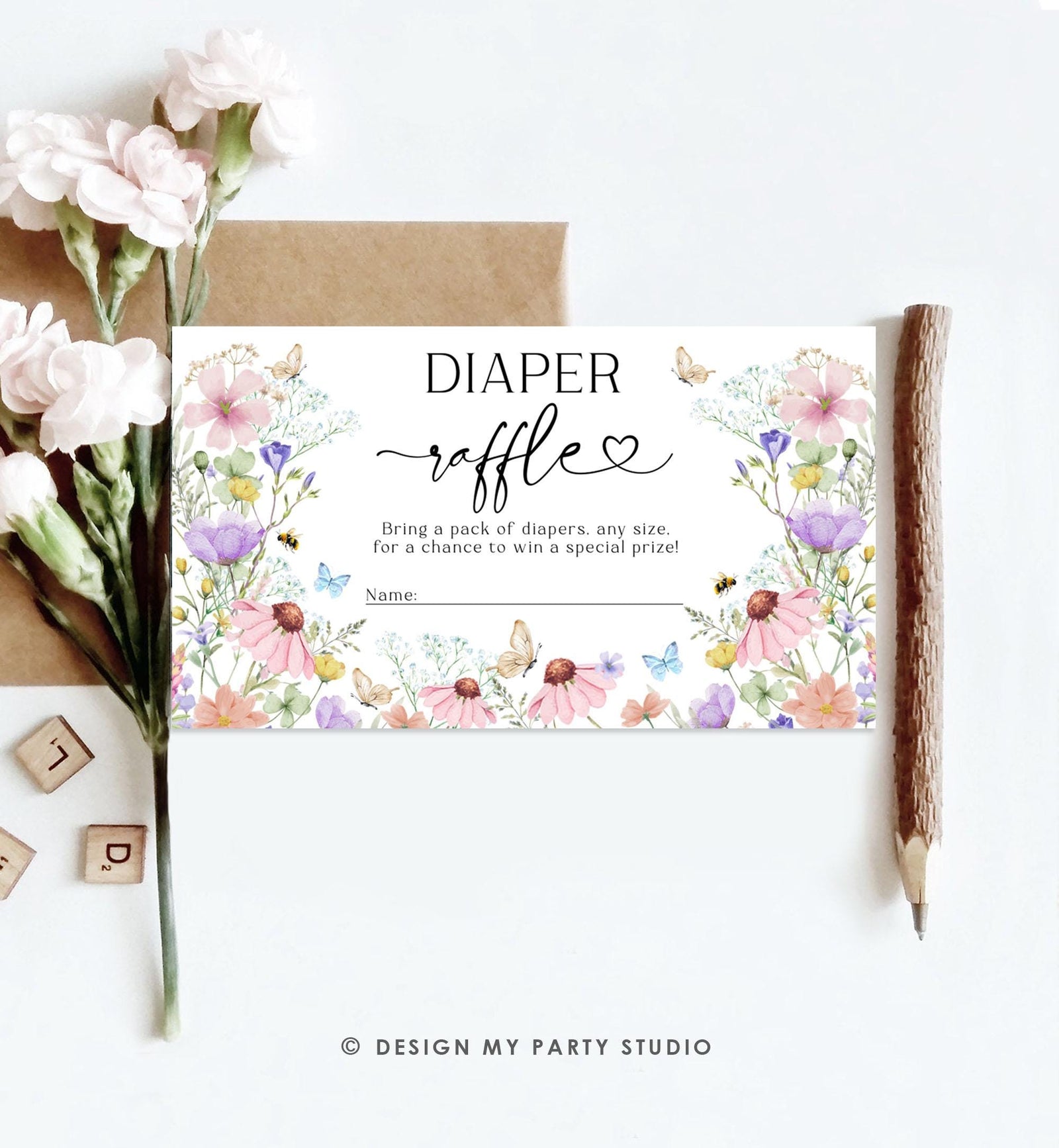 Editable Baby in Bloom Diaper Raffle Ticket Bloom Baby Shower Wildflowers Diaper Game Spring Diaper Ticket Digital Template Printable 0543