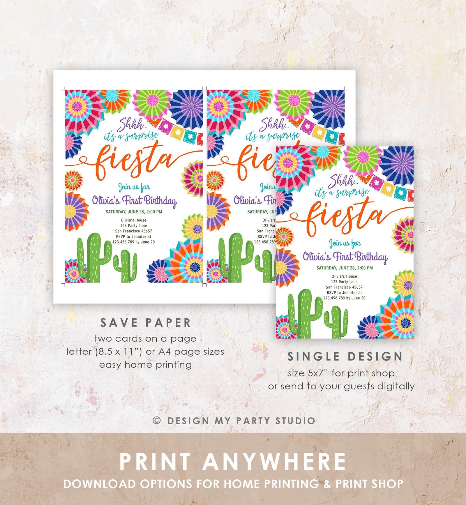 Editable Surprise Fiesta Birthday Invitation Girl Birthday Party Cactus Shhh ANY AGE Mexican Digital Download Evite Template Printable 0236