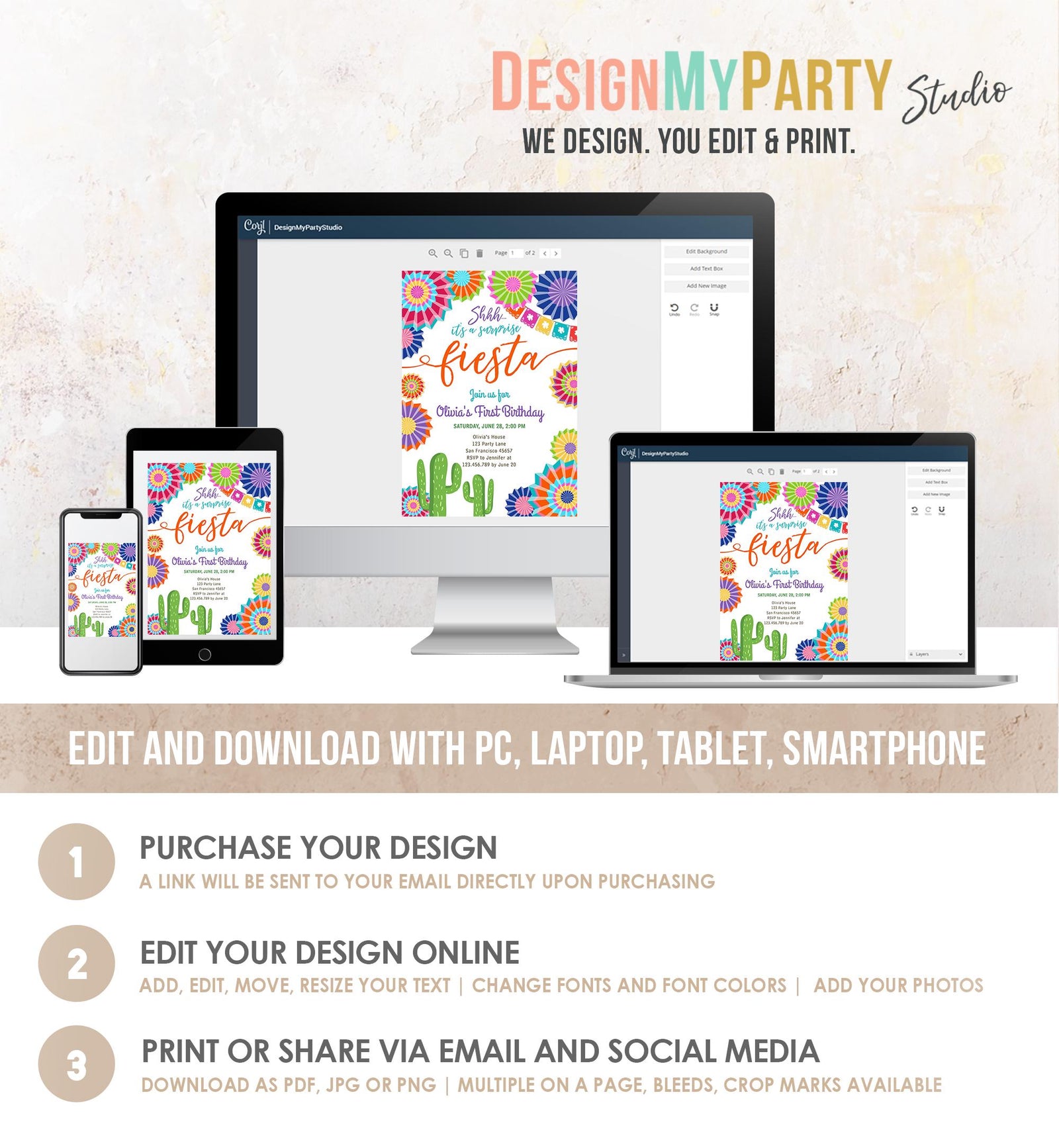 Editable Surprise Fiesta Birthday Invitation Girl Birthday Party Cactus Shhh ANY AGE Mexican Digital Download Evite Template Printable 0236