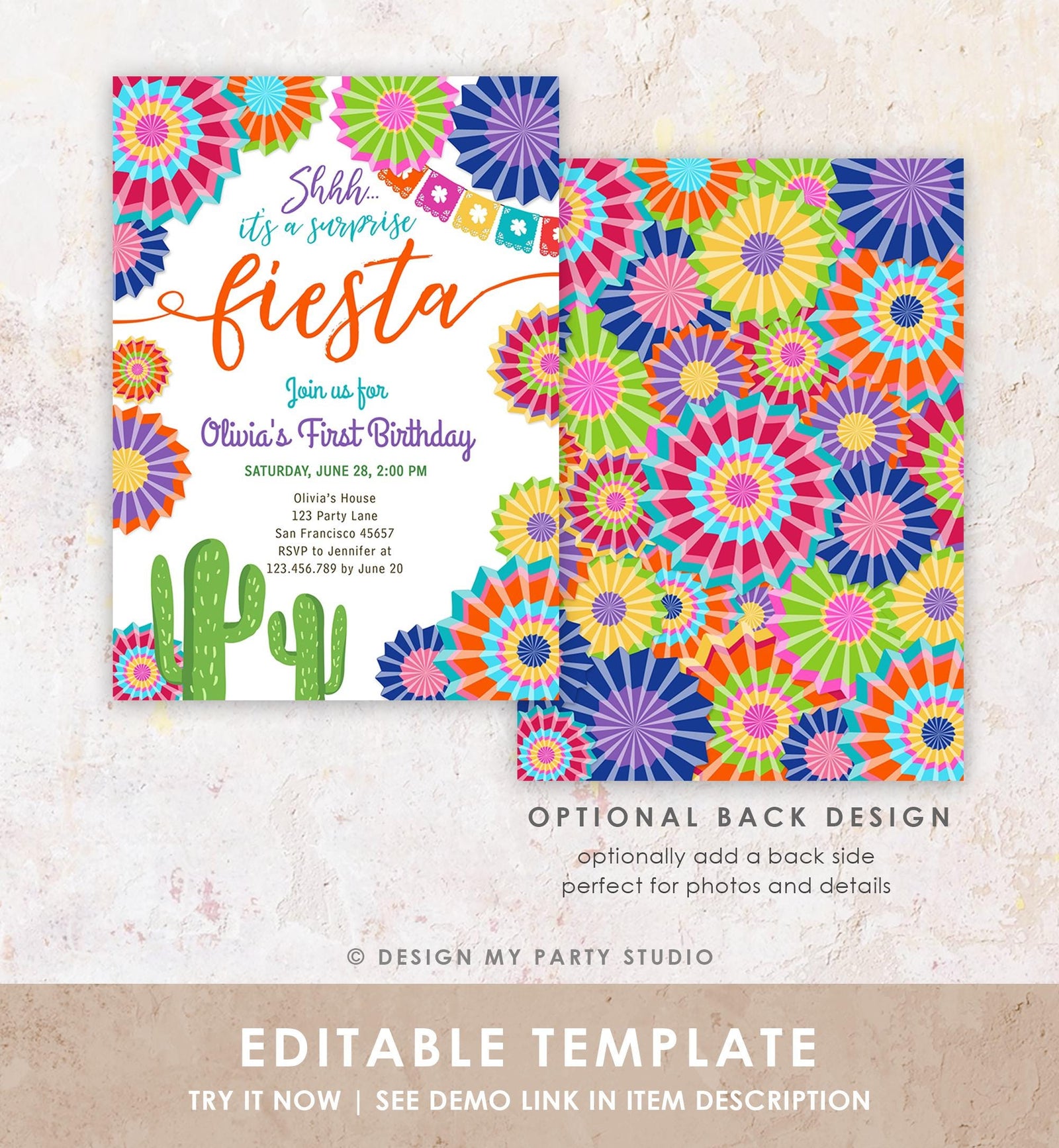 Editable Surprise Fiesta Birthday Invitation Girl Birthday Party Cactus Shhh ANY AGE Mexican Digital Download Evite Template Printable 0236