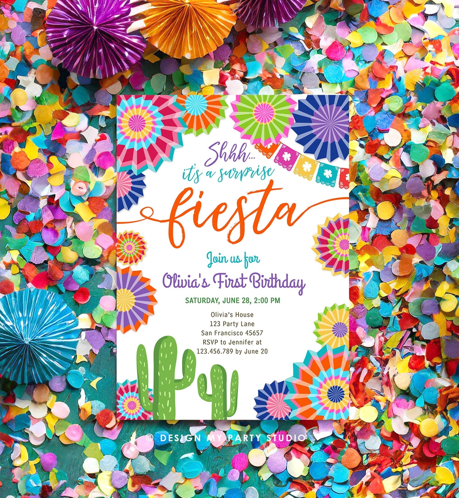 Editable Surprise Fiesta Birthday Invitation Girl Birthday Party Cactus Shhh ANY AGE Mexican Digital Download Evite Template Printable 0236