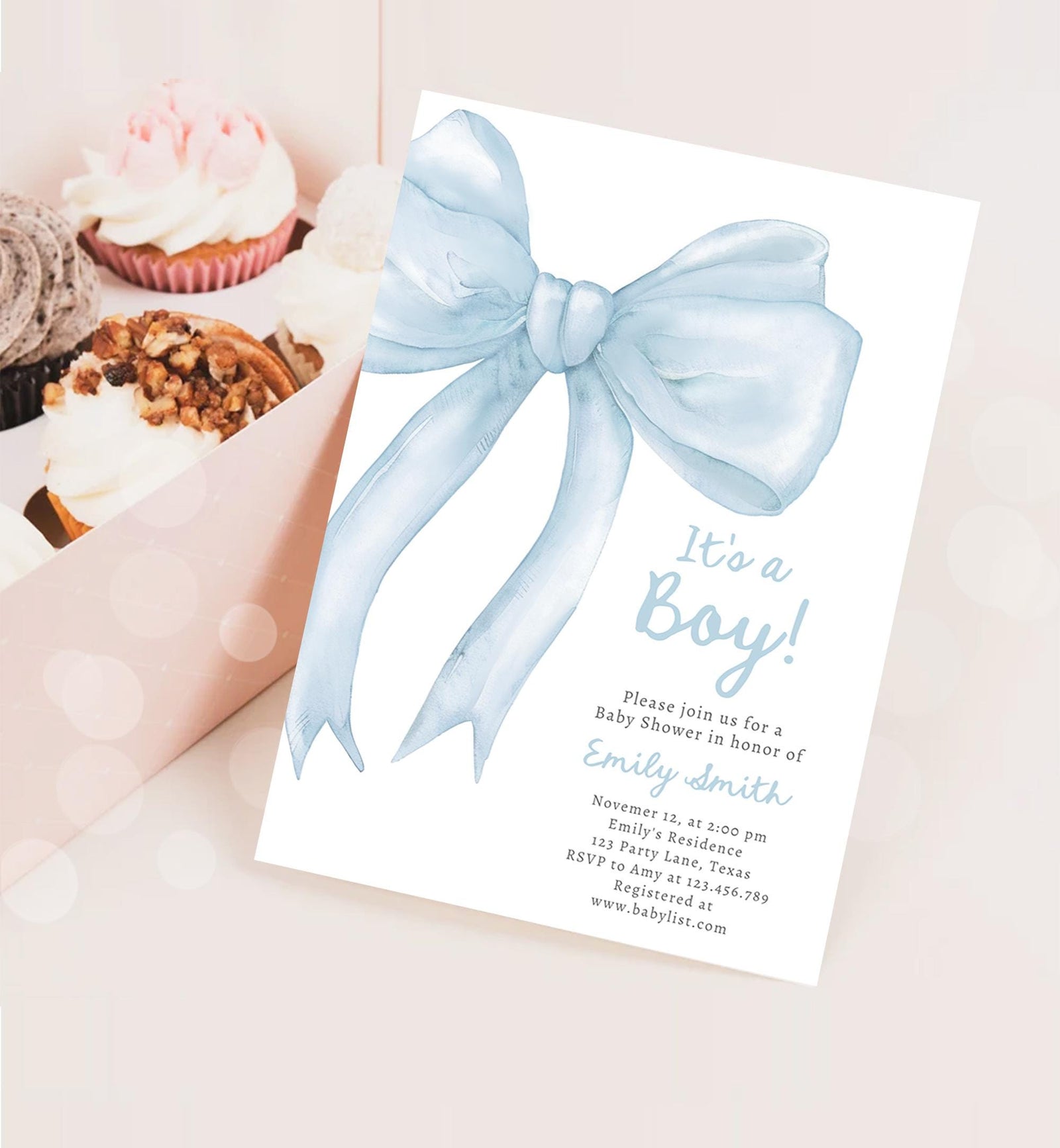 Editable Blue Bow Baby Shower Invitation It's a Boy Blue Coquette Baby Shower Preppy Minimalist Digital Template Download Printable 0527