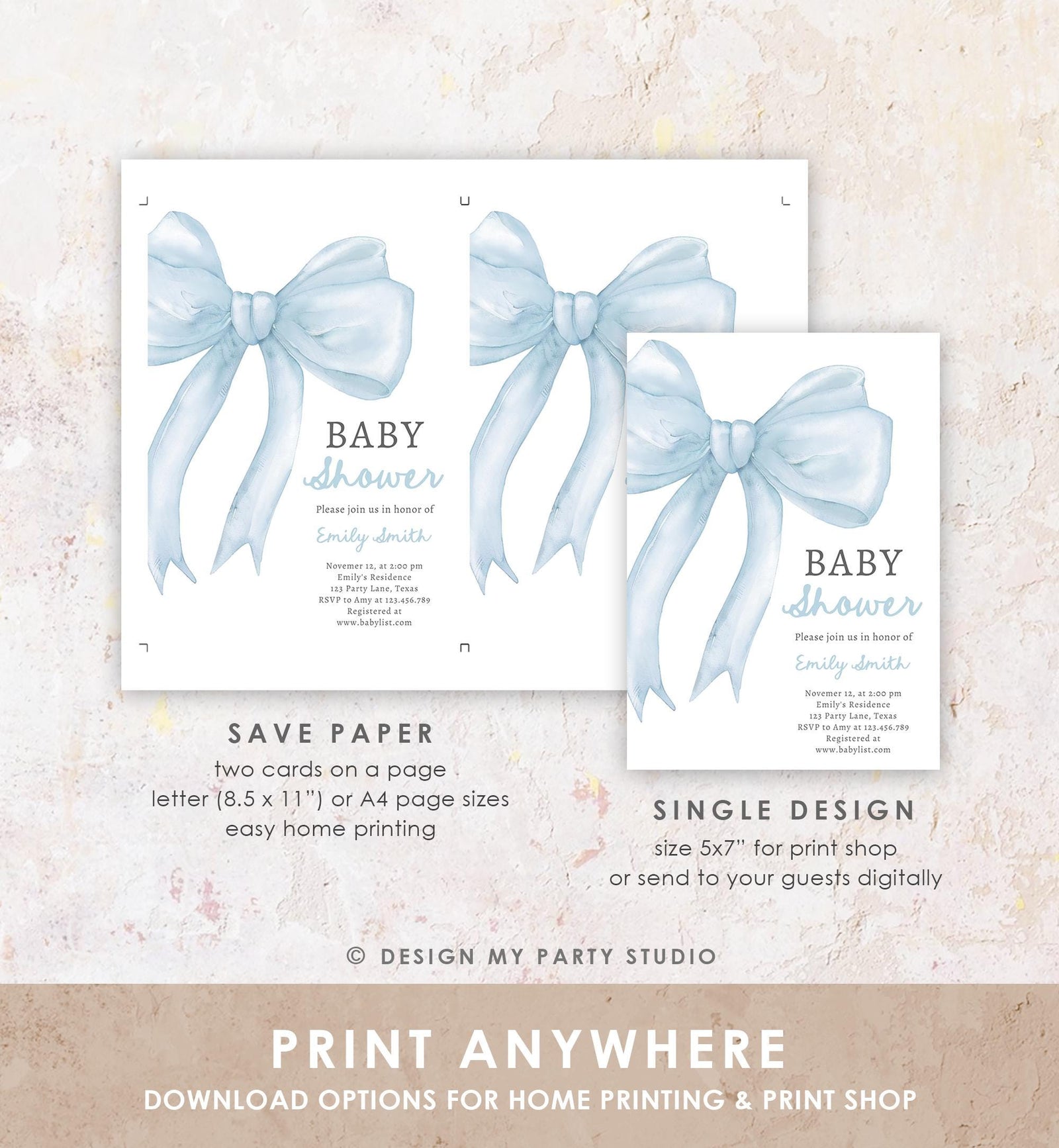 Editable Blue Bow Baby Shower Invitation It's a Boy Blue Coquette Baby Shower Preppy Minimalist Digital Template Download Printable 0527
