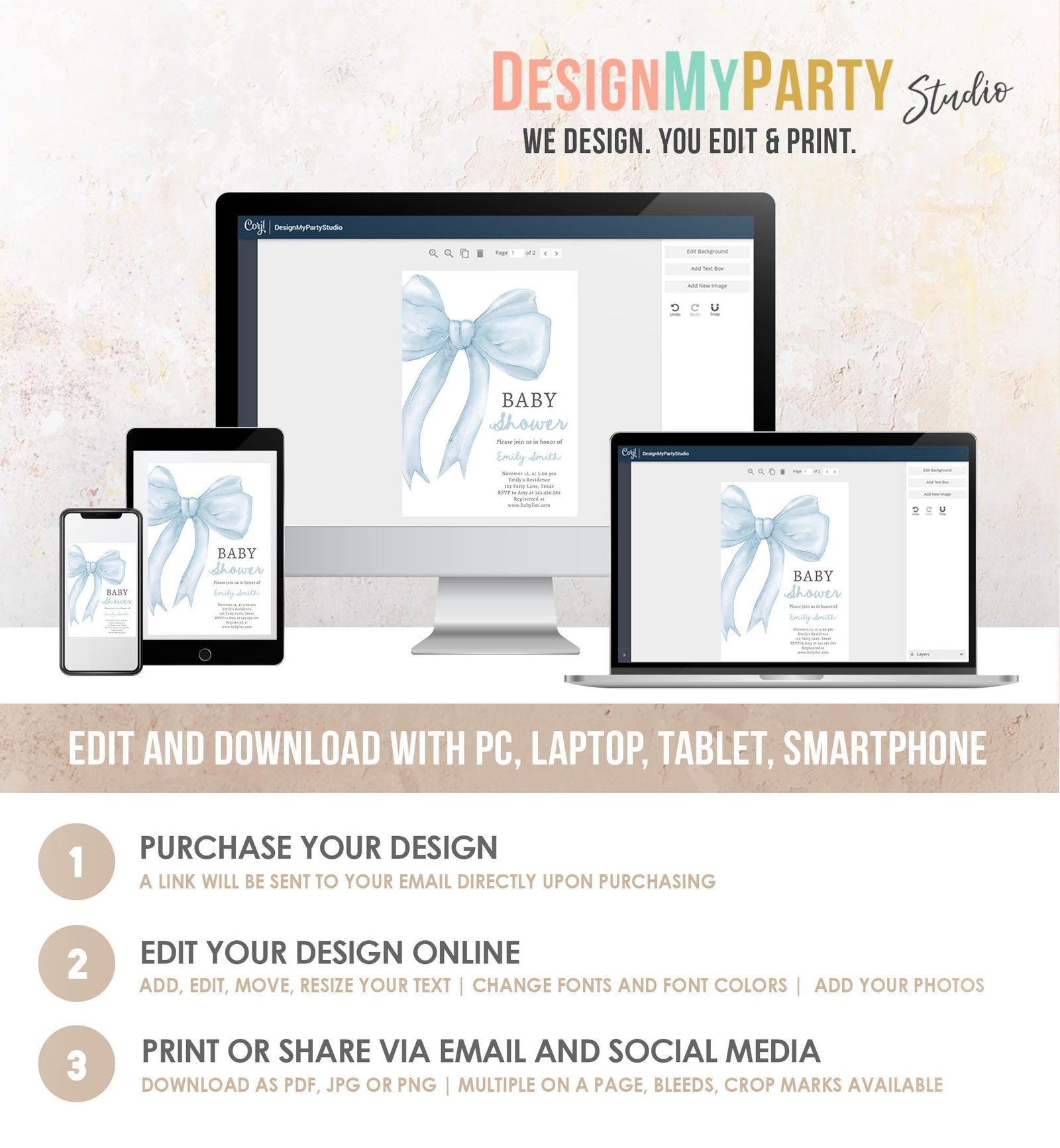 Editable Blue Bow Baby Shower Invitation It's a Boy Blue Coquette Baby Shower Preppy Minimalist Digital Template Download Printable 0527