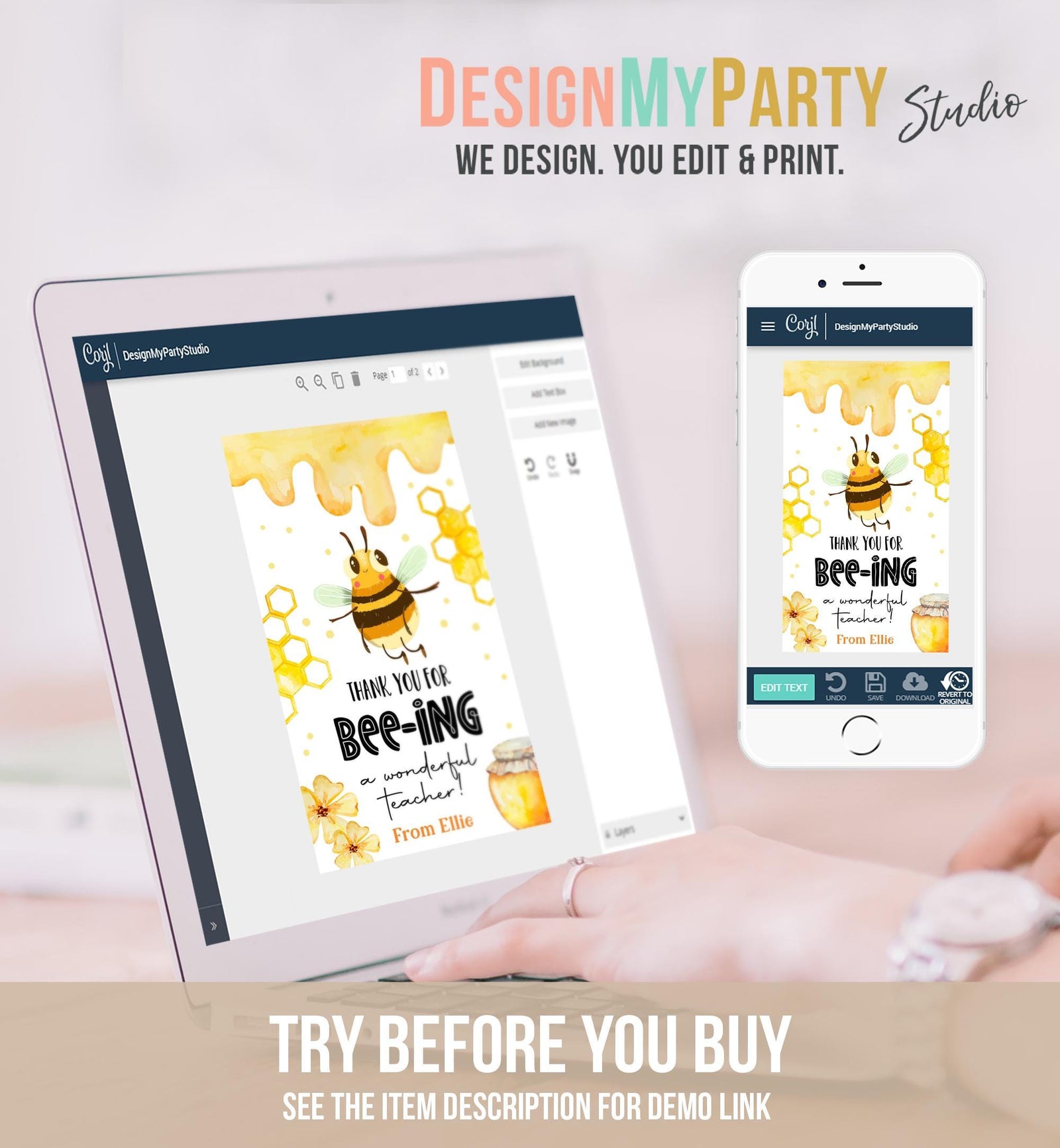 Editable Bee Teacher Appreciation Tag Classroom Honey Bee-ing a Wonderful Teacher School Favor Tag Gift Digital Template Printable 0464