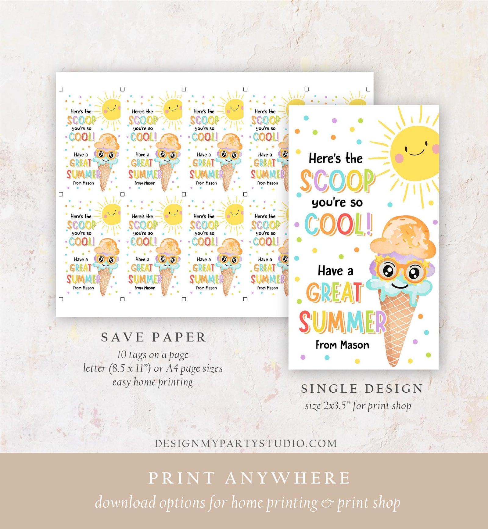 Editable Summer Ice Cream Teacher Appreciation Tag Kids End Of School Year Here's the Scoop Employee Nurse Digital Template Printable 0464