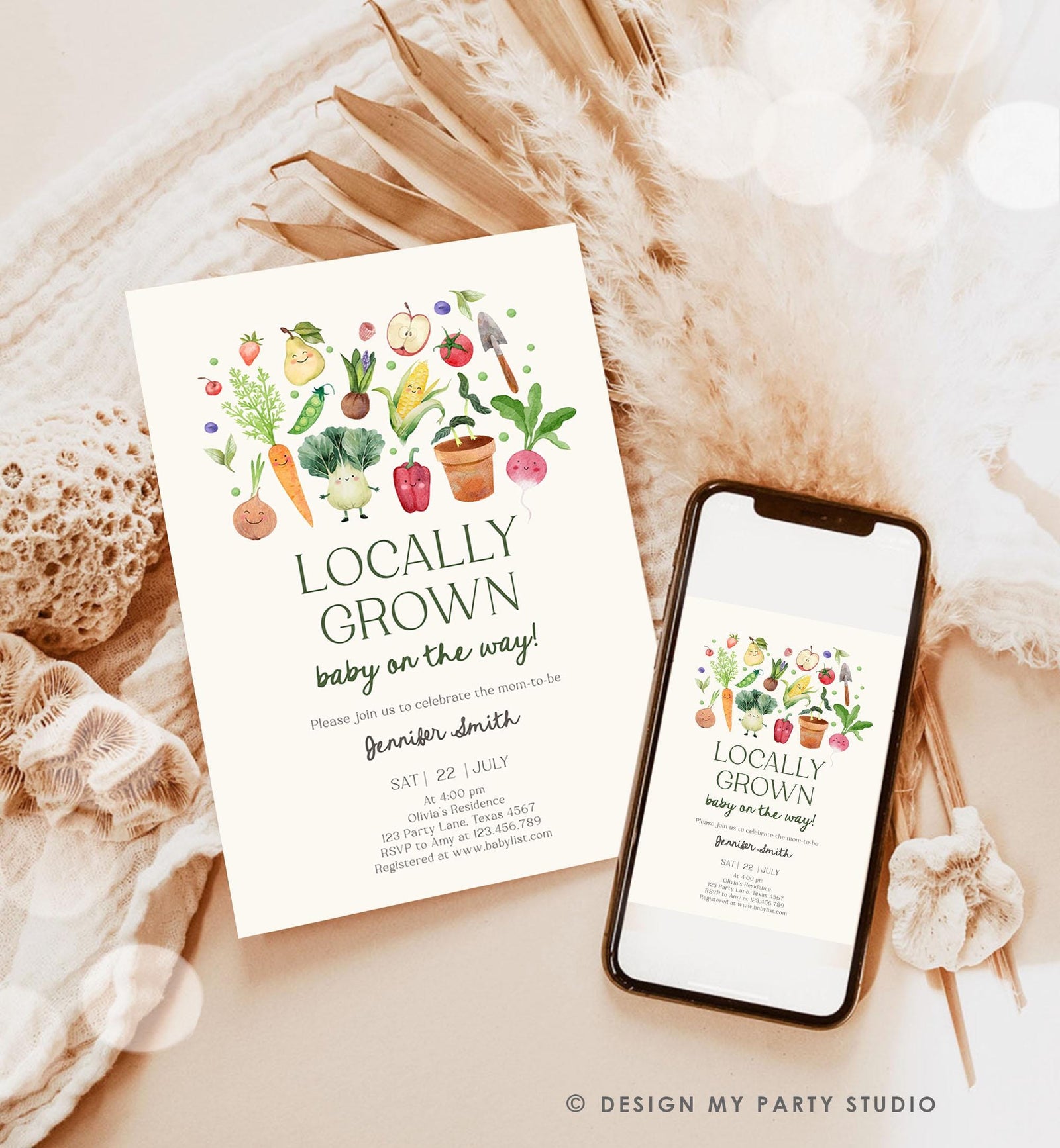 Editable Locally Grown Baby Shower Invitation Farmers Market Fruits and Veggies Vegetable Digital Download Evite Template Printable 0544