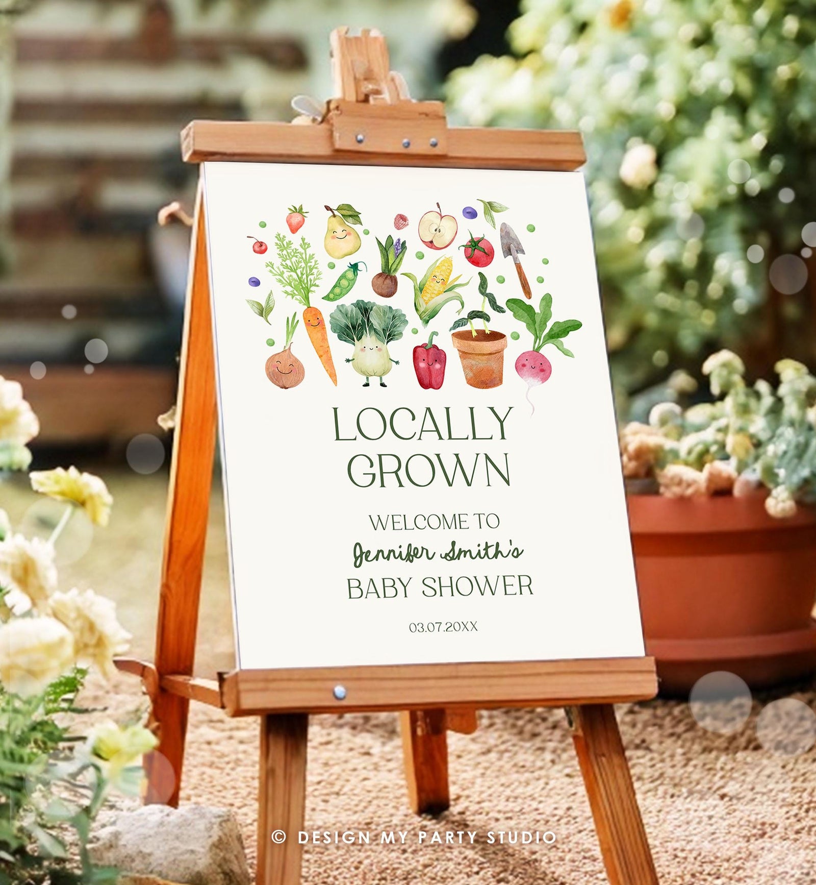Editable Locally Grown Baby Shower Welcome Sign Farmers Market Fruit Vegetable Market Little Sprout Garden Download Template Printable 0544