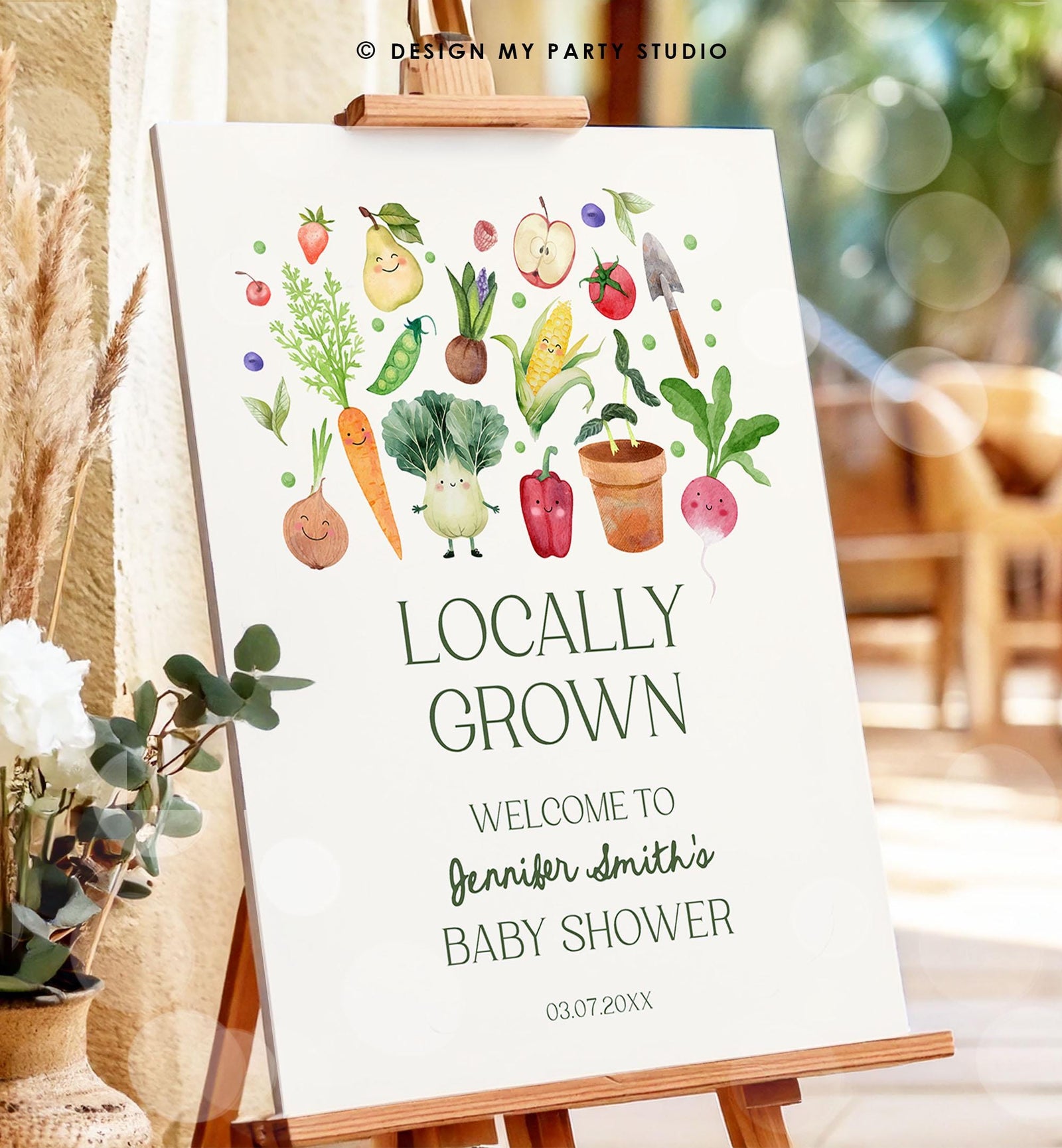 Editable Locally Grown Baby Shower Welcome Sign Farmers Market Fruit Vegetable Market Little Sprout Garden Download Template Printable 0544