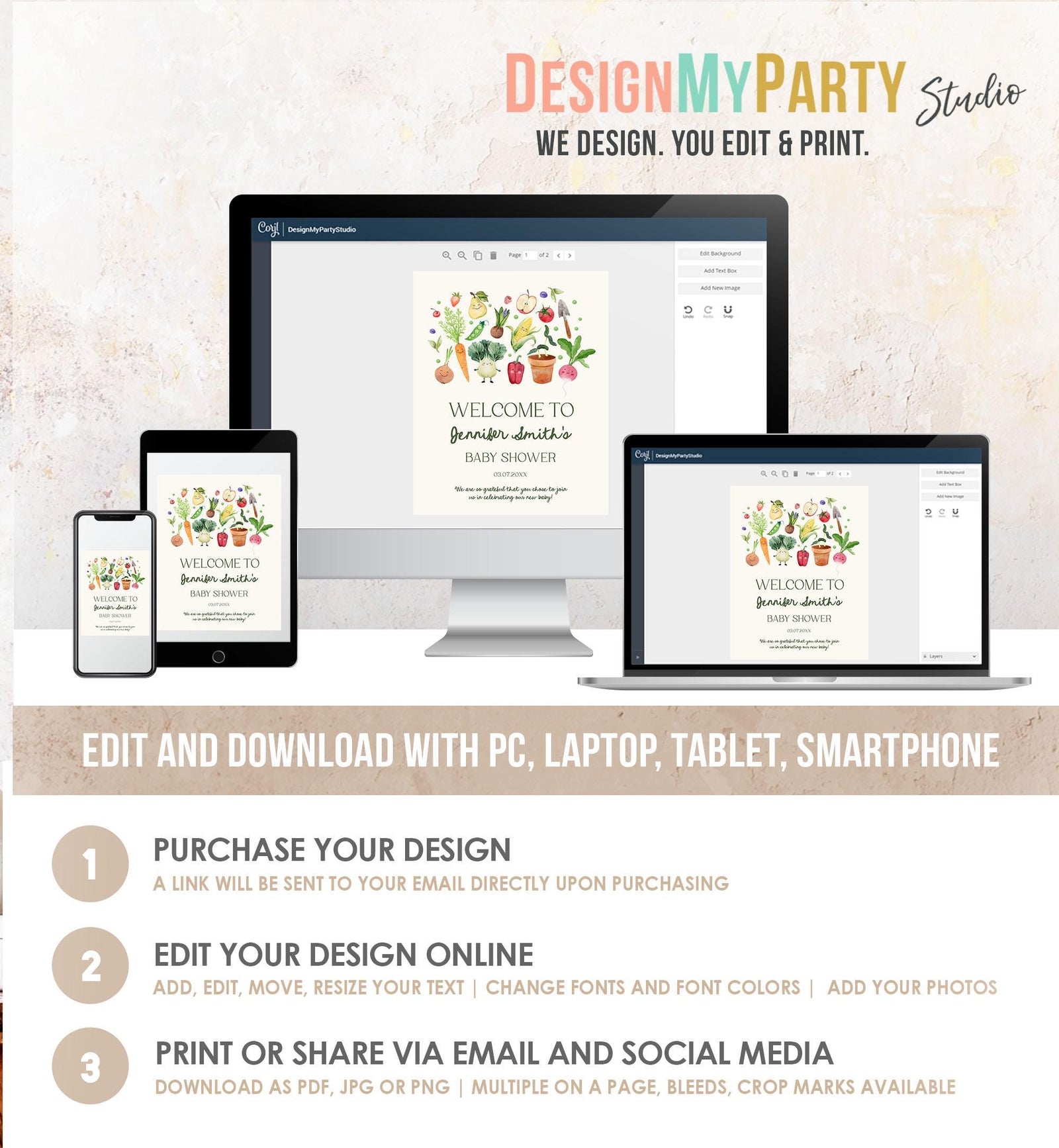 Editable Locally Grown Baby Shower Welcome Sign Farmers Market Fruit Vegetable Market Little Sprout Garden Download Template Printable 0544