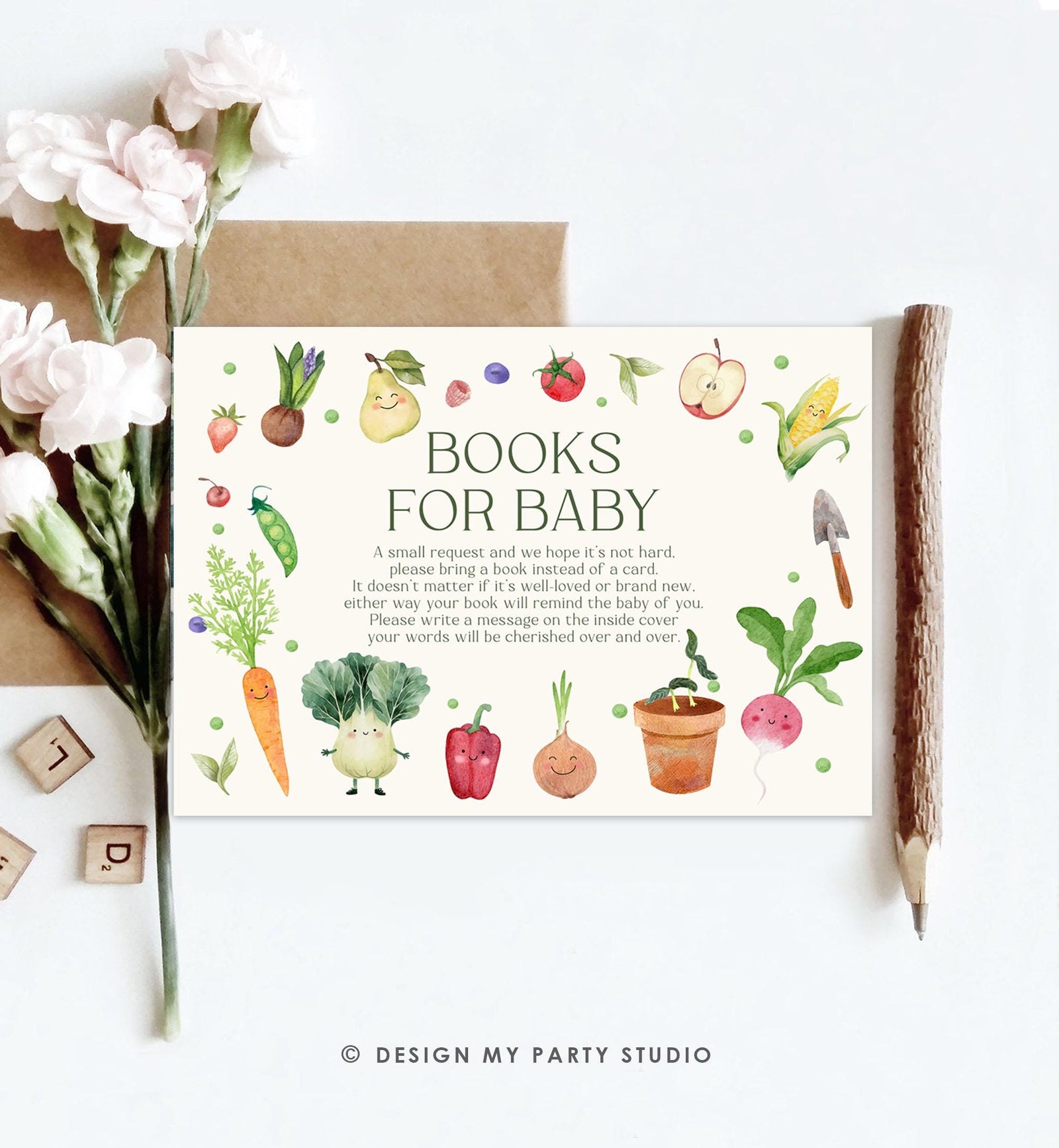 Editable Baby in Bloom Bring a Book Card Bloom Baby Shower Book Insert Books for Baby Farmers Market Neutral Digital Template Printable 0544