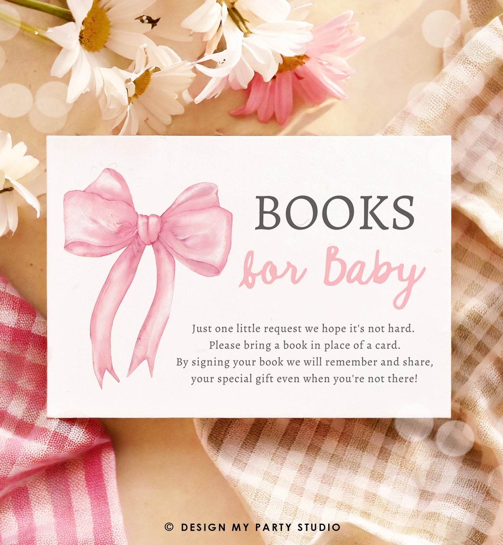 Editable Pink Bow Bring a Book Card Bloom Coquette Books for Baby Book Request Insert Card Digital Download Template Printable 0527