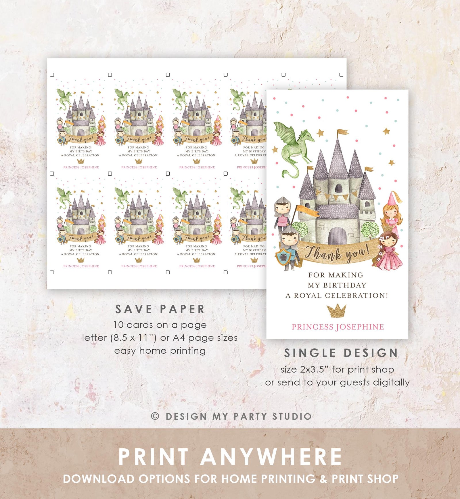 Editable Princess and Knight Favor Tag Gift Thank You Dragon Castle Birthday Royal Party Costume Magical Digital Template Printable 0171