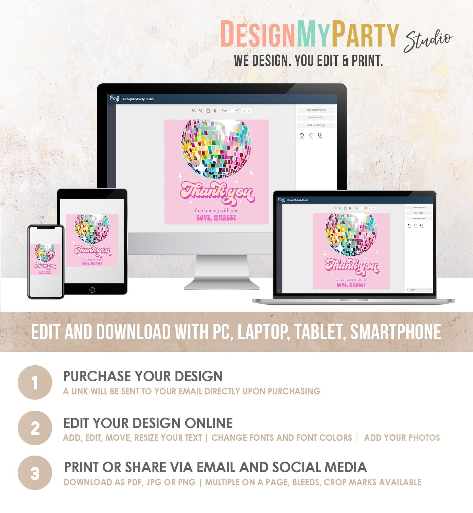 Editable Disco Ball Favor Tag Let's Disco Adult 70s Party Birthday Thank You Stickers Retro Groovy Pink Digital Template Printable 0501
