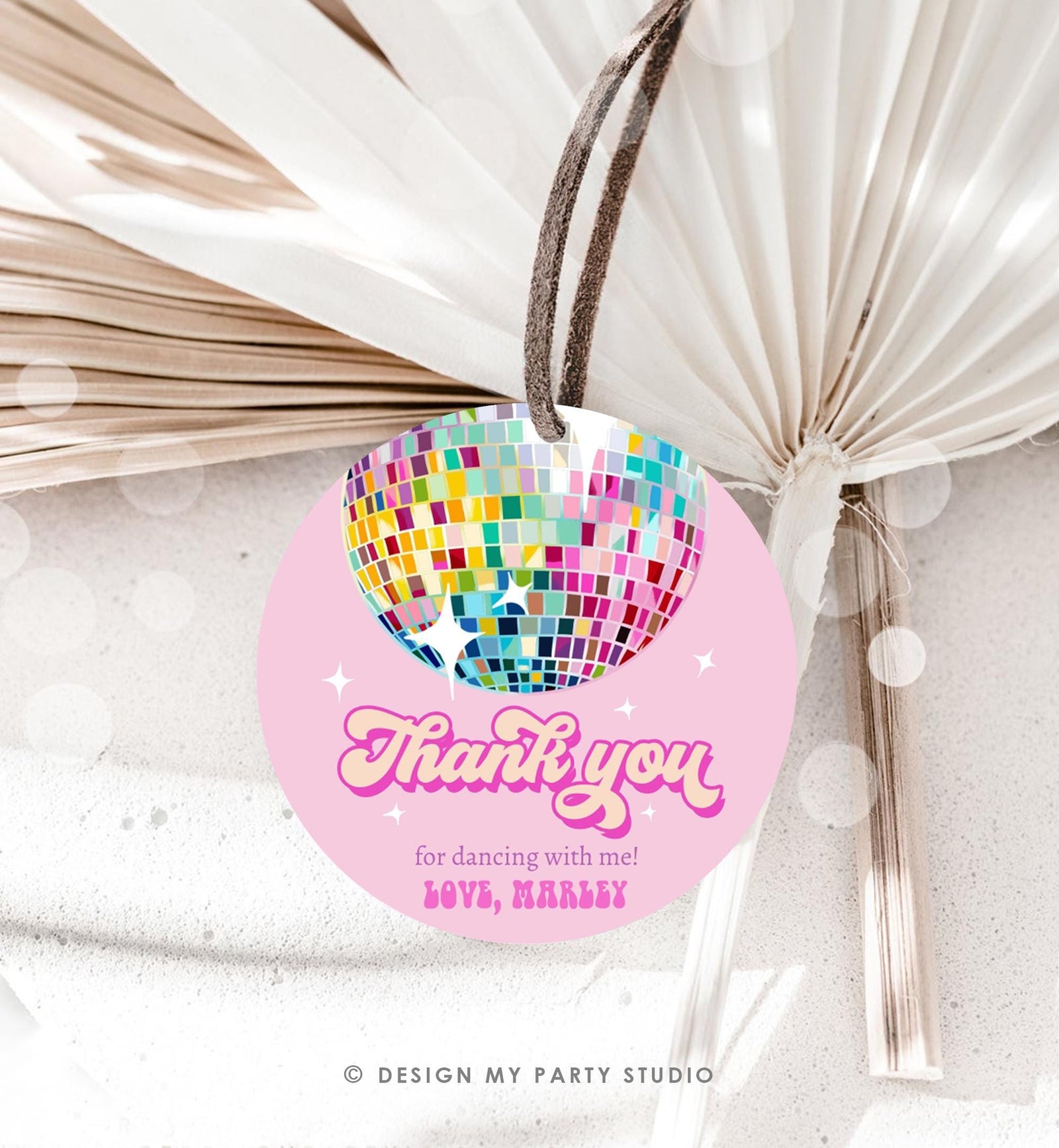 Editable Disco Ball Favor Tag Let's Disco Adult 70s Party Birthday Thank You Stickers Retro Groovy Pink Digital Template Printable 0501