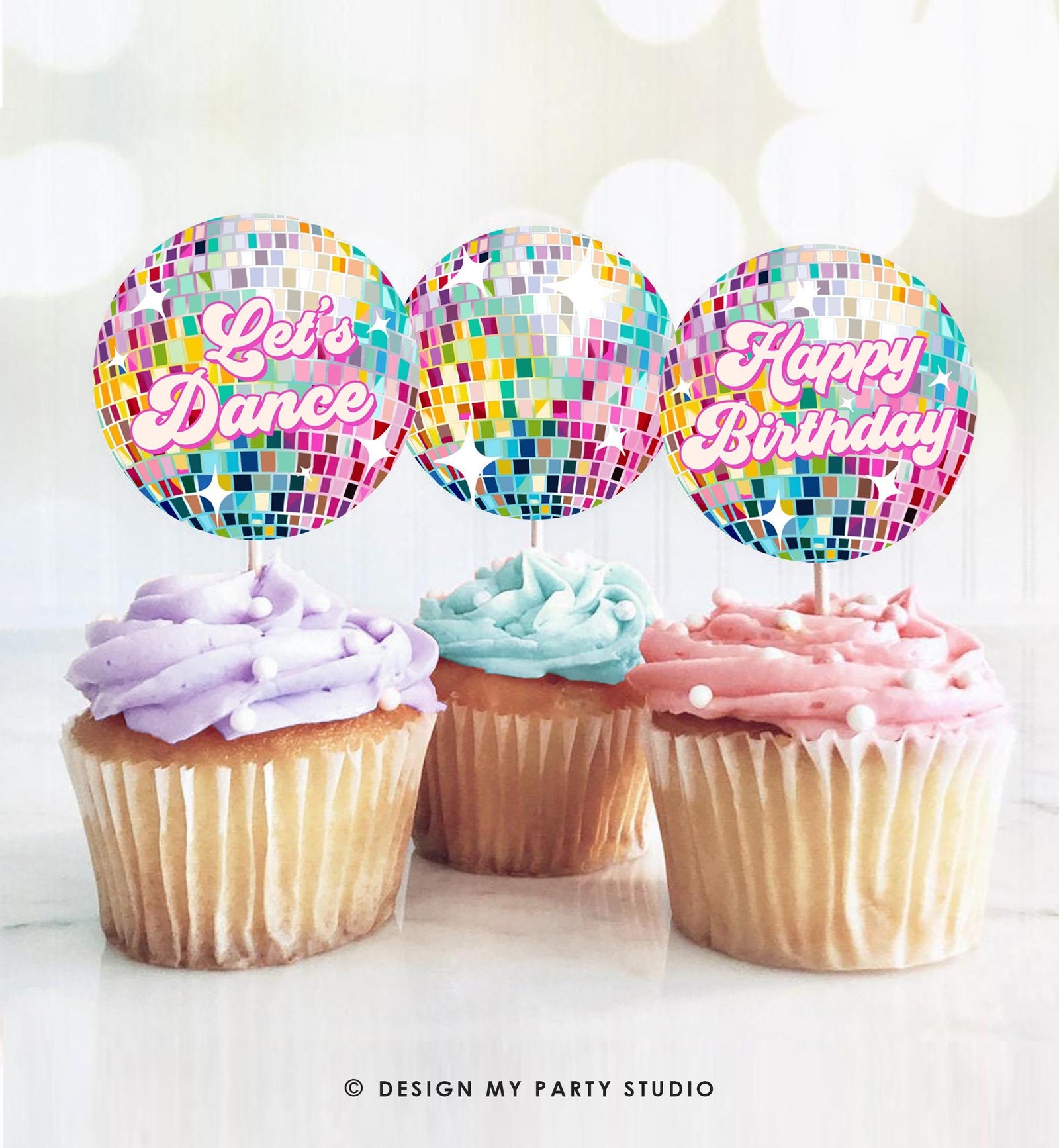 Disco Cupcake Toppers Let's Disco Girl Pink Birthday Shower Sticker Favor Tag Retro Groovy Adult 70s Party Digital Download Printable 0501