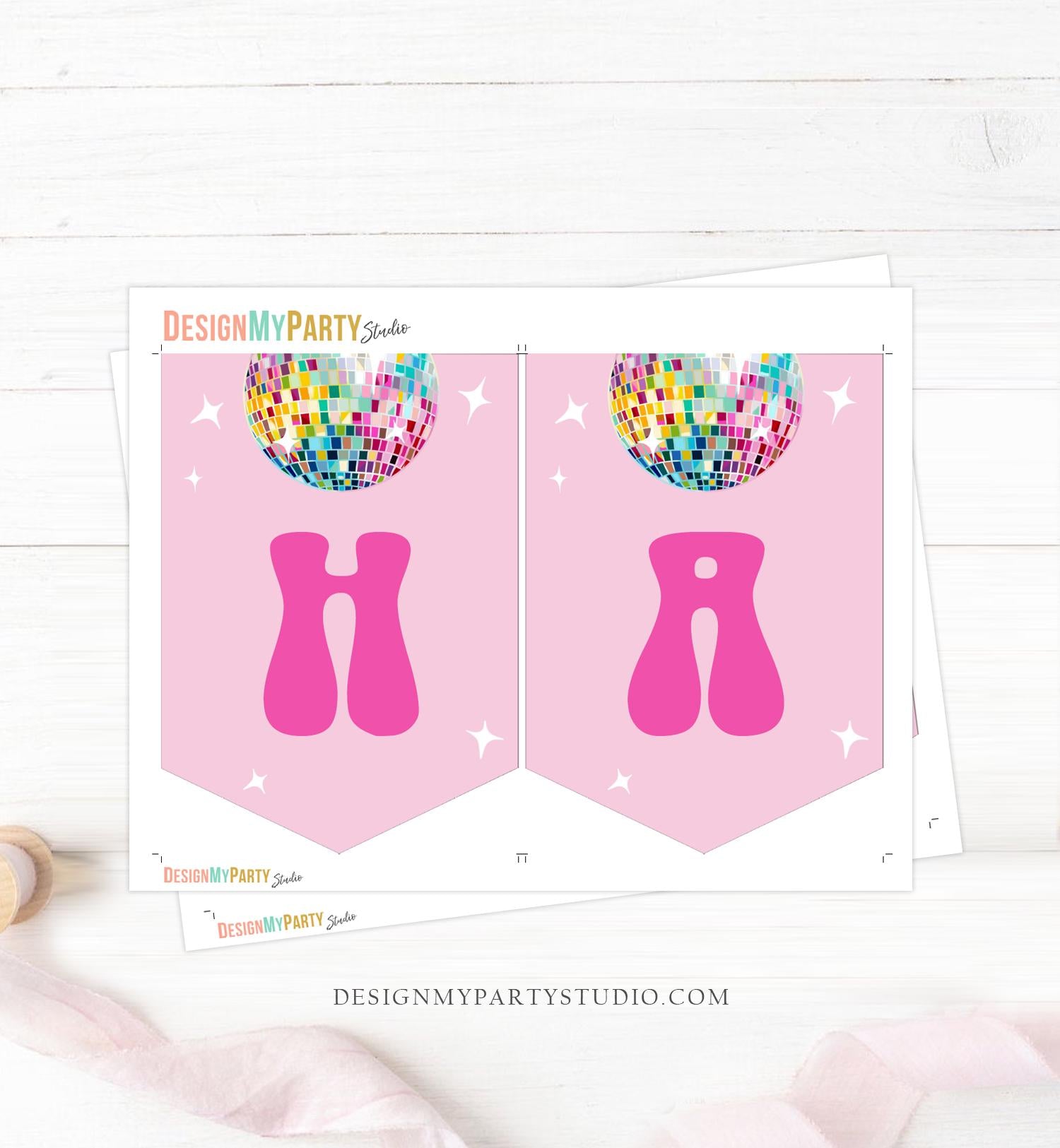Happy Birthday Banner Disco Ball Birthday Banner Girl Pink Let's Disco 70s Disco Party Retro Groovy Decor Digital Download Printable 0501