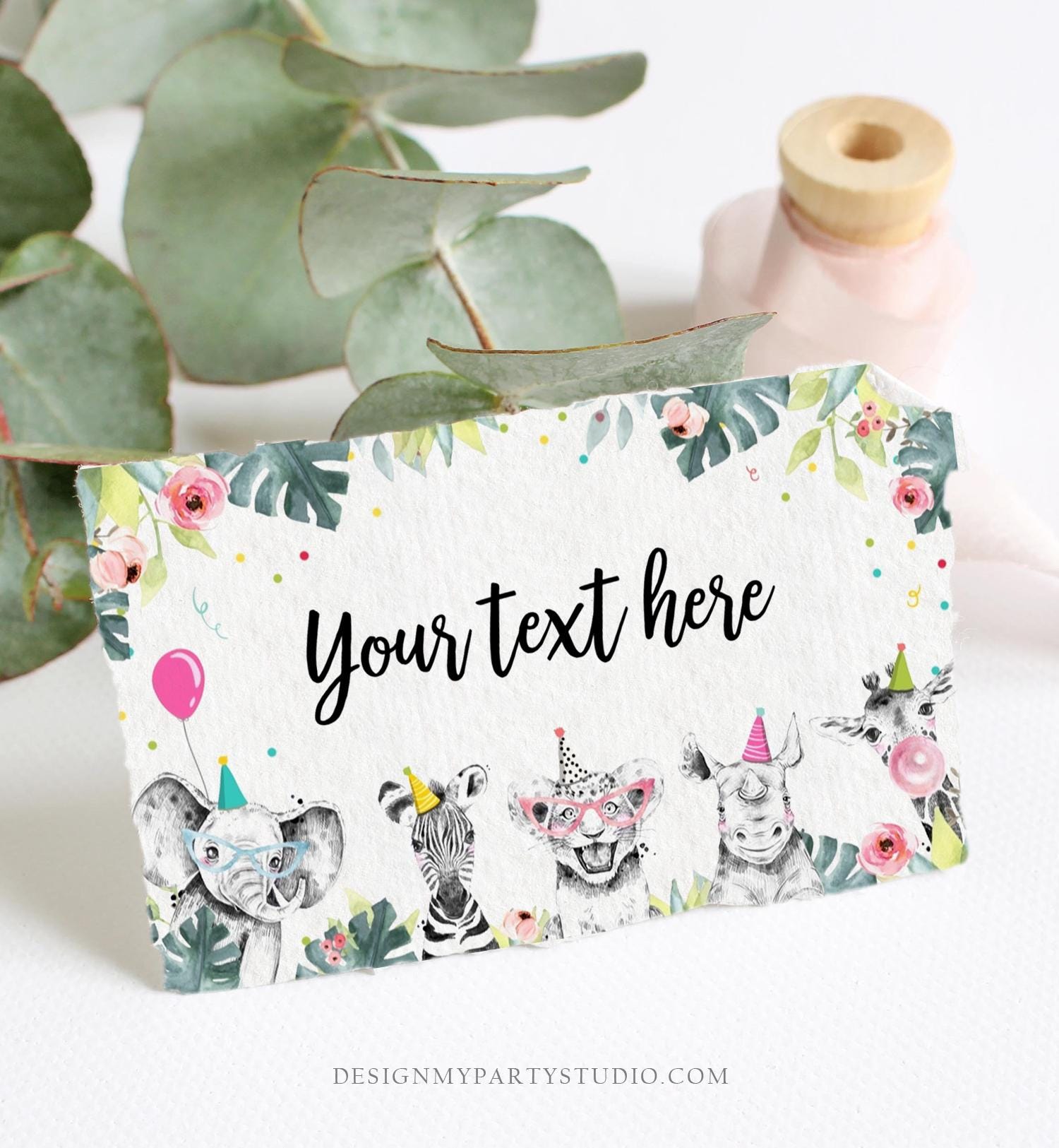 Editable Party Animals Food Label Wild One Girl Safari Animals Birthday Place Card Tent Insert Digital Download Template Printable 0322