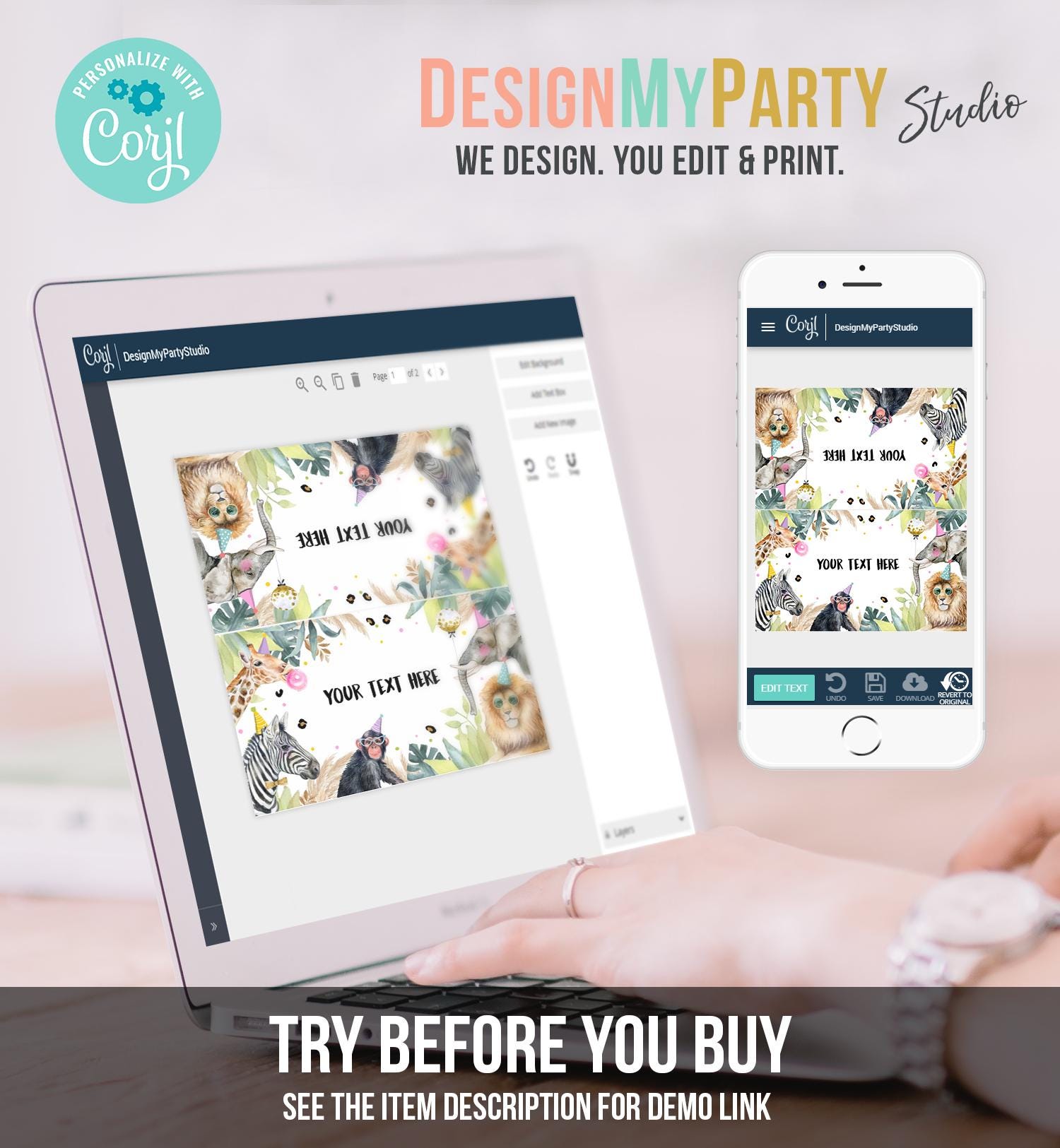 Editable Party Animals Food Label Wild One Girl Boy Safari Animals Birthday Place Card Tent Insert Digital Download Template Printable 0417