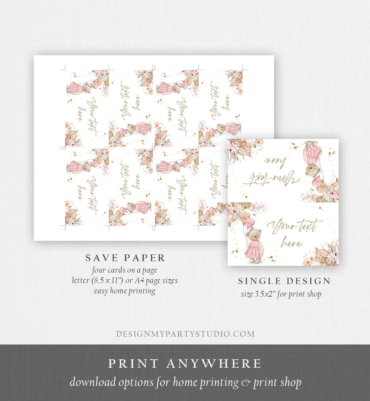 Editable Food Labels Boho Teddy Bear Baby Shower Place Card Tent Insert Pink Girl Pampas Grass Bearly Wait Digital Template Printable 0421