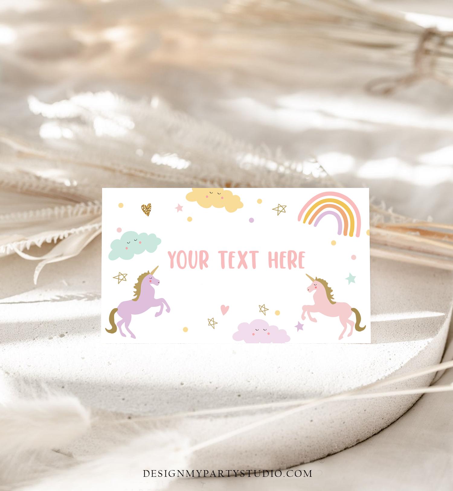 Editable Unicorn Food Labels Magical Rainbow Pink Pastel Girl Birthday Place Card Tent Insert Digital Download Template Printable 0426