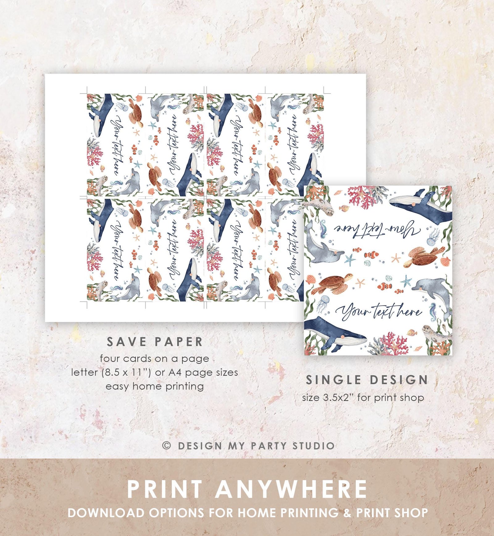 Editable Under the Sea Food Labels Sea Ocean Life Birthday Place Card Tent Card Insert Card Whale Turtle Dolphin Template Printable 0504