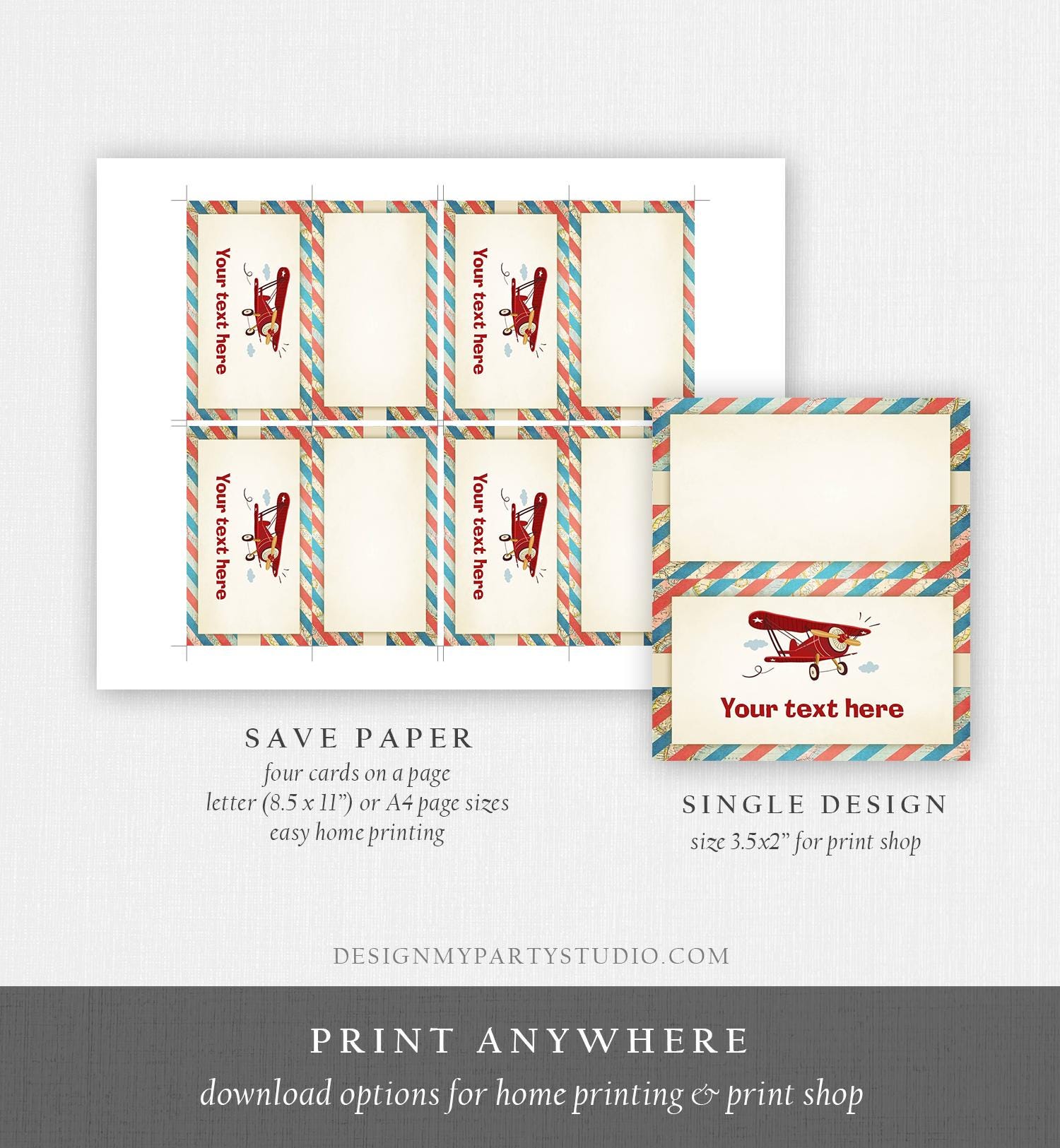 Editable Airplane Food Labels Vintage Airplane Birthday Party Place Card Tent Card Insert Boy Aircraft Plane Sky Red Template Printable 0011