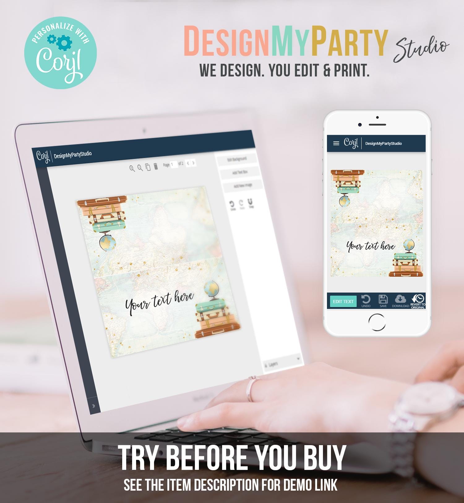 Editable Travel Adventure Food Labels Place Card Tent Card Insert Card Bridal Shower Suitcases Gold Confetti Digital Template Printable 0263